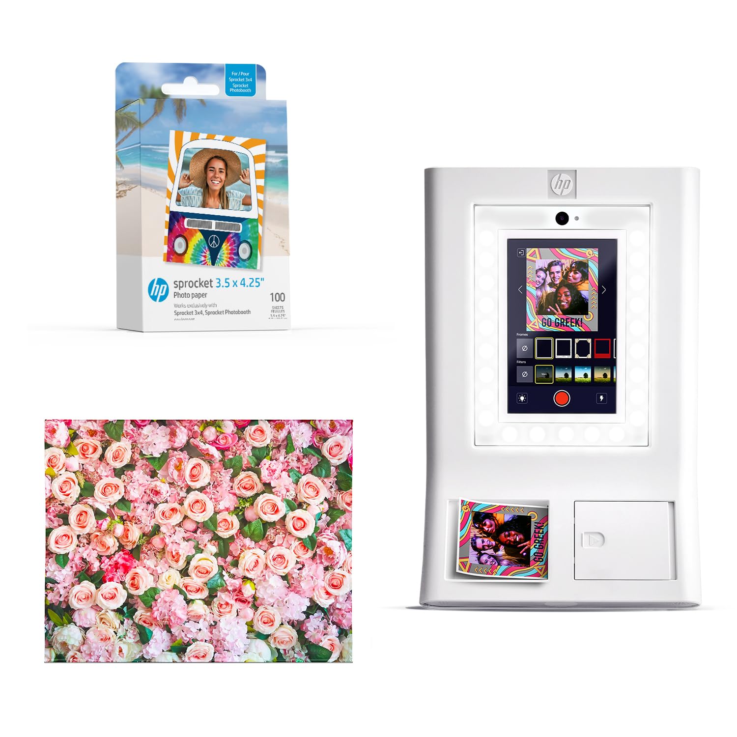HP Sprocket Photo Booth Machine Instant Color Photo Printer (White) + Zink Paper (100 Sheets) + Roses Photo Backdrop