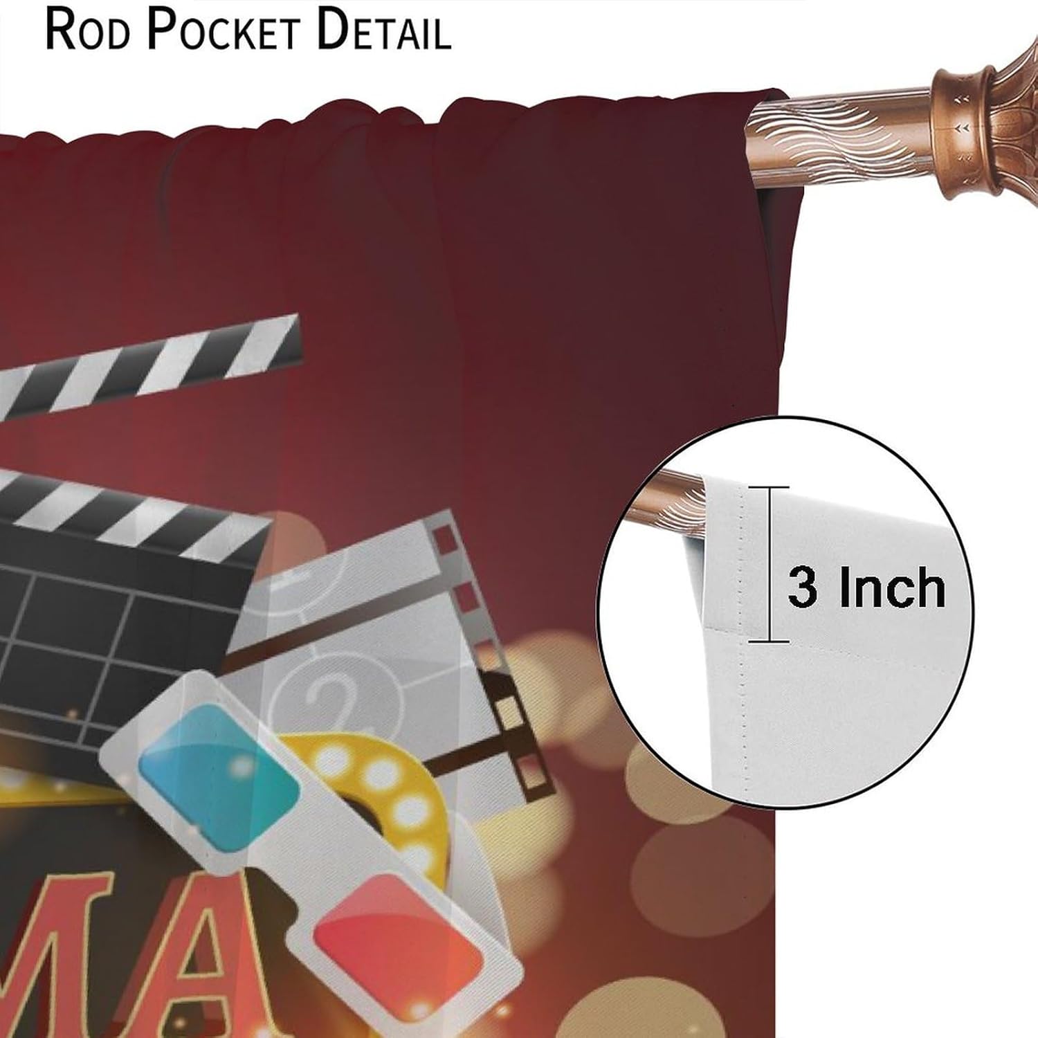 Movie Theater Blackout Curtains, Vintage Old Fashioned Home Theater Popcorn Drinks Print Home Decor Bedroom Living Room Game Room Rod Pocket Window Drapes63x63in
