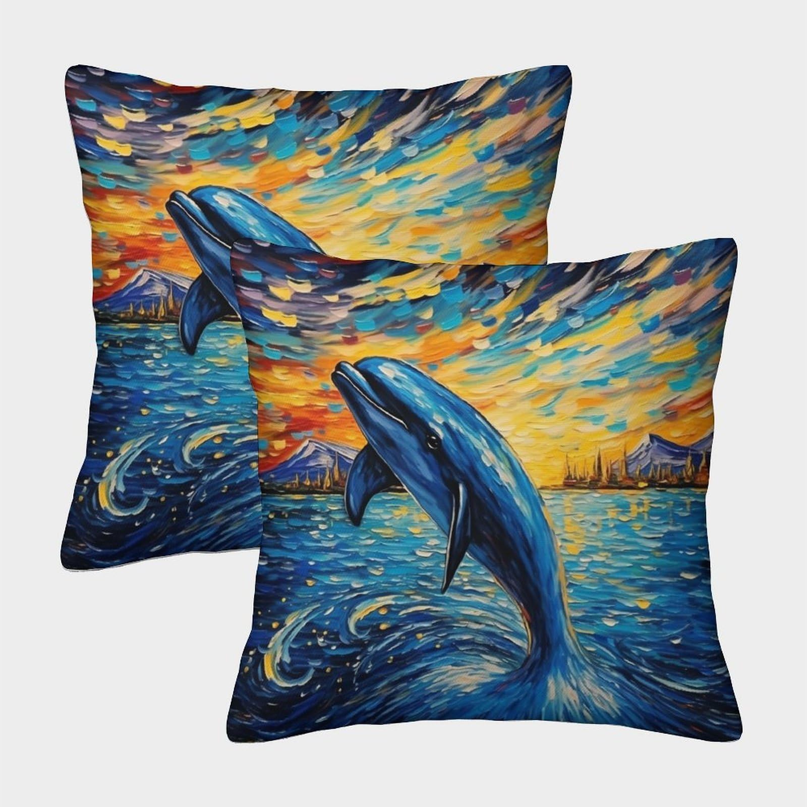 kaiyun 2 Pack Oil Painting Dolphin Pillow Case Home Decoration Sofa Cushion Cover 40x40cm