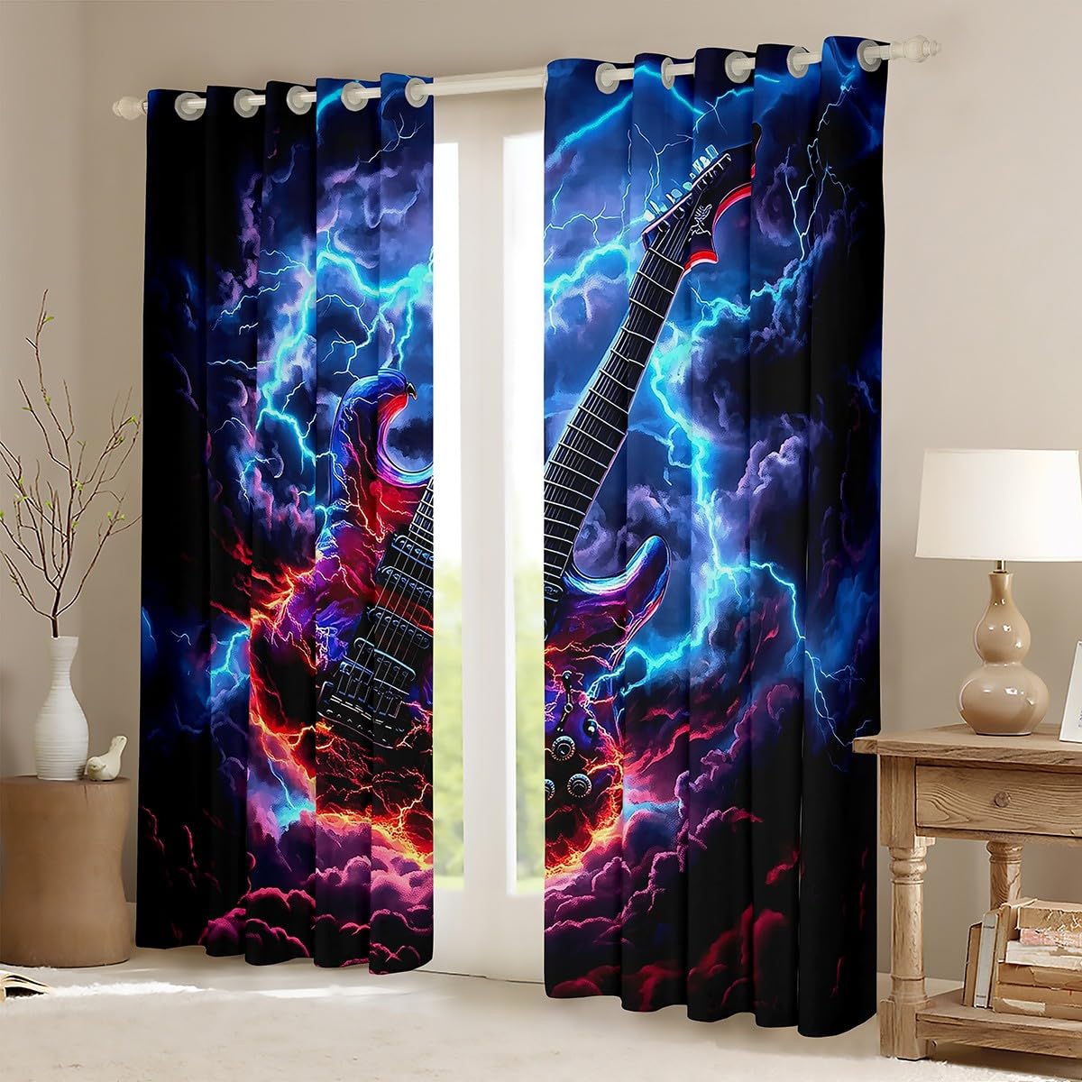 Tende per finestre con chitarra elettrica, fiamme fulmini per ragazzi e ragazze, con musica rock, decorazione per la casa, tende per finestre per soggiorno e camera da letto, 167 x 228 cm