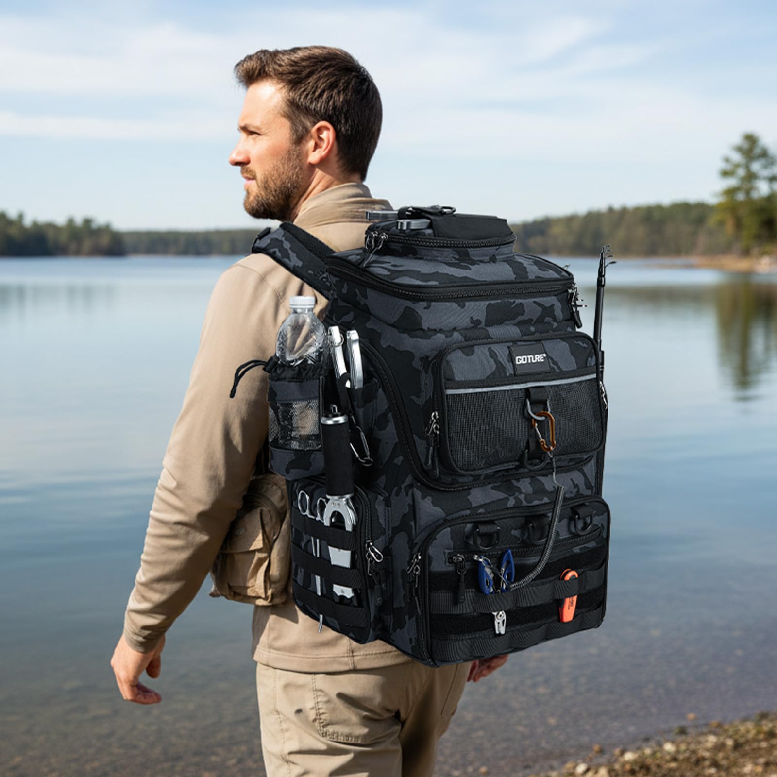 Goture Zaino da pesca con 4 scatole per esche da pesca, 55 litri, con due supporti per canna e parapioggia, in tessuto Oxford 900D, impermeabile, borsa per attrezzatura da pesca con scomparto