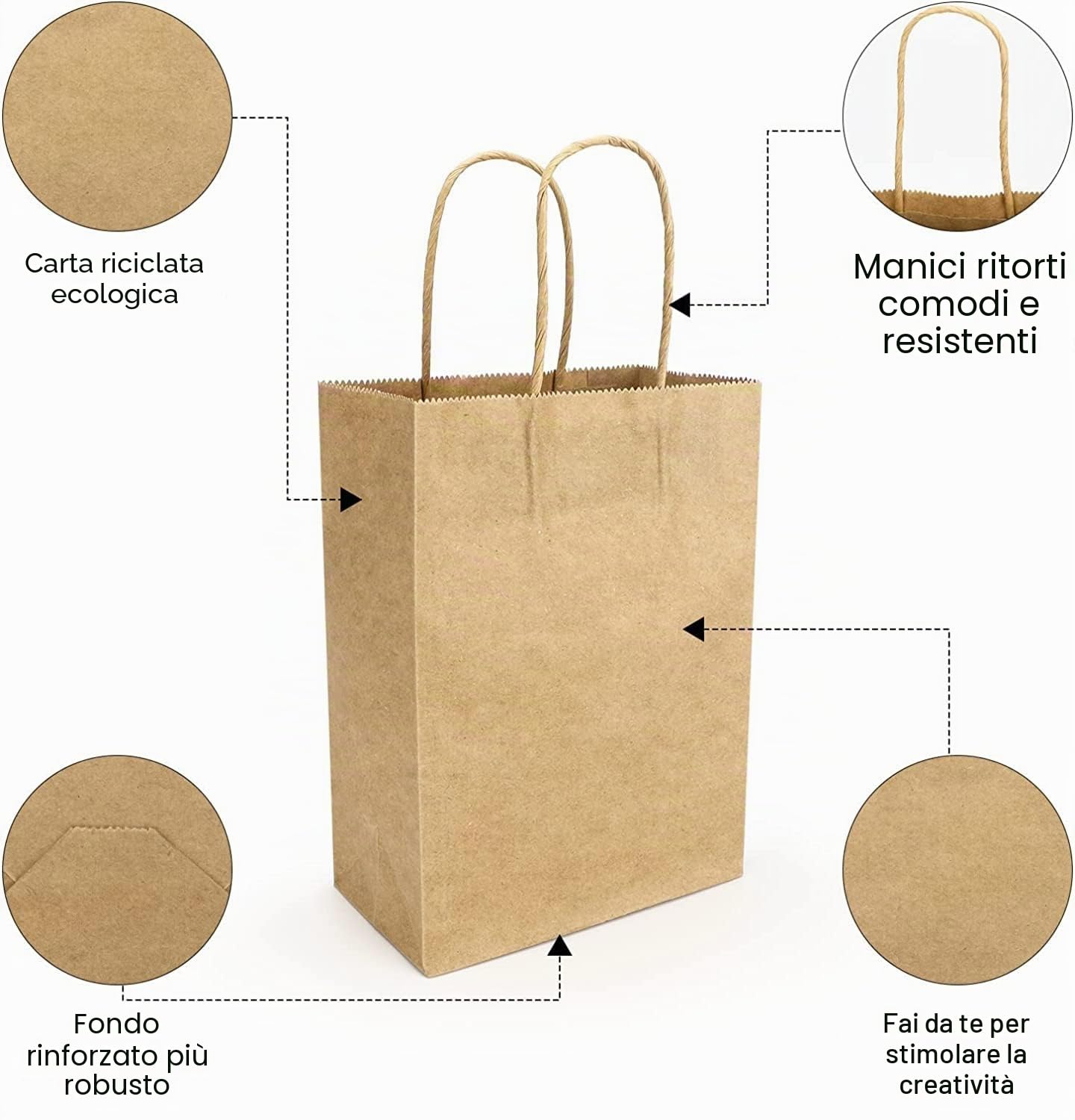 Sacchetti Carta con Manici, 100 Pezzi Sacchetti di Carta Kraft, Sacchetti Regalo Carta per Cottura, Feste di Compleanno, Natale, Shopping, Regali, 21x15x8cm (Marrone)