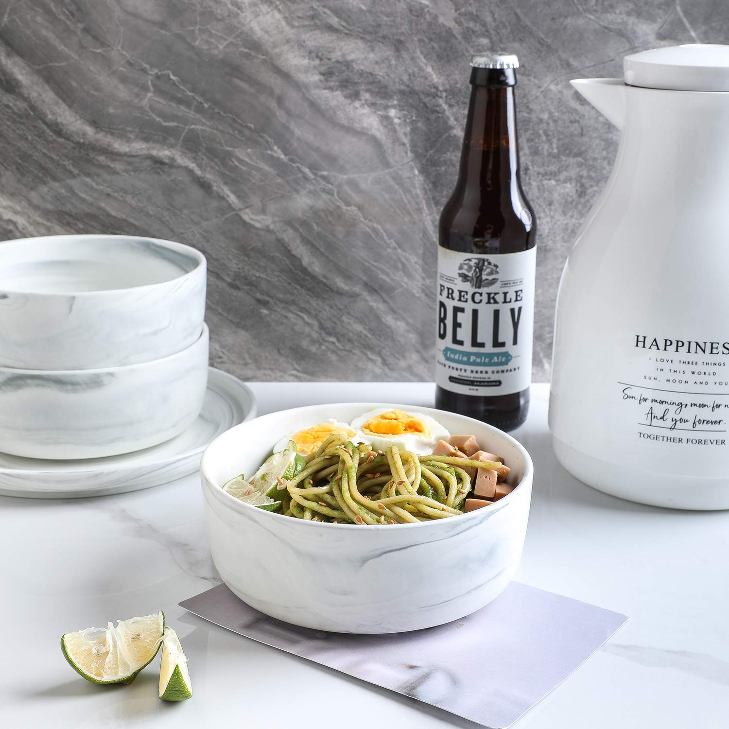 Stone Lain Marble Porcelain Dinnerware Set, 32 Piece Service for 8, Matte Gray