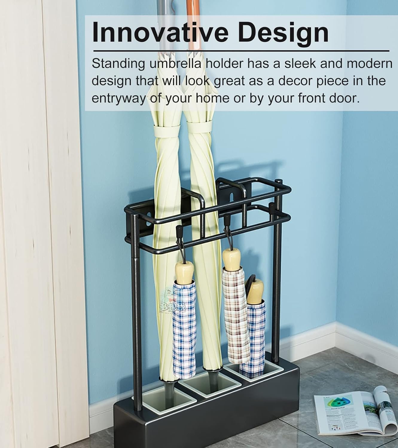 European Style Umbrella Holder with Hooks, Durable Iron Umbrella Rack for Long/Short Umbrellas, Umbrella Stand with Removable Drip Tray