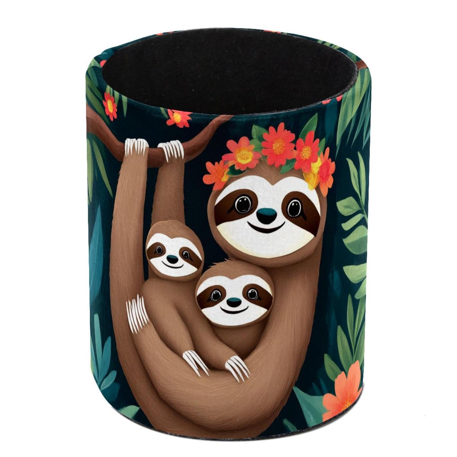 HEOEH Tropical Sloth Pen Holder for Desk, PU Leather Pencil Holder Pen Cup Marker Holder Makeup Brush Holders, Desk Accessories & Workspace Organizers for Home, Office