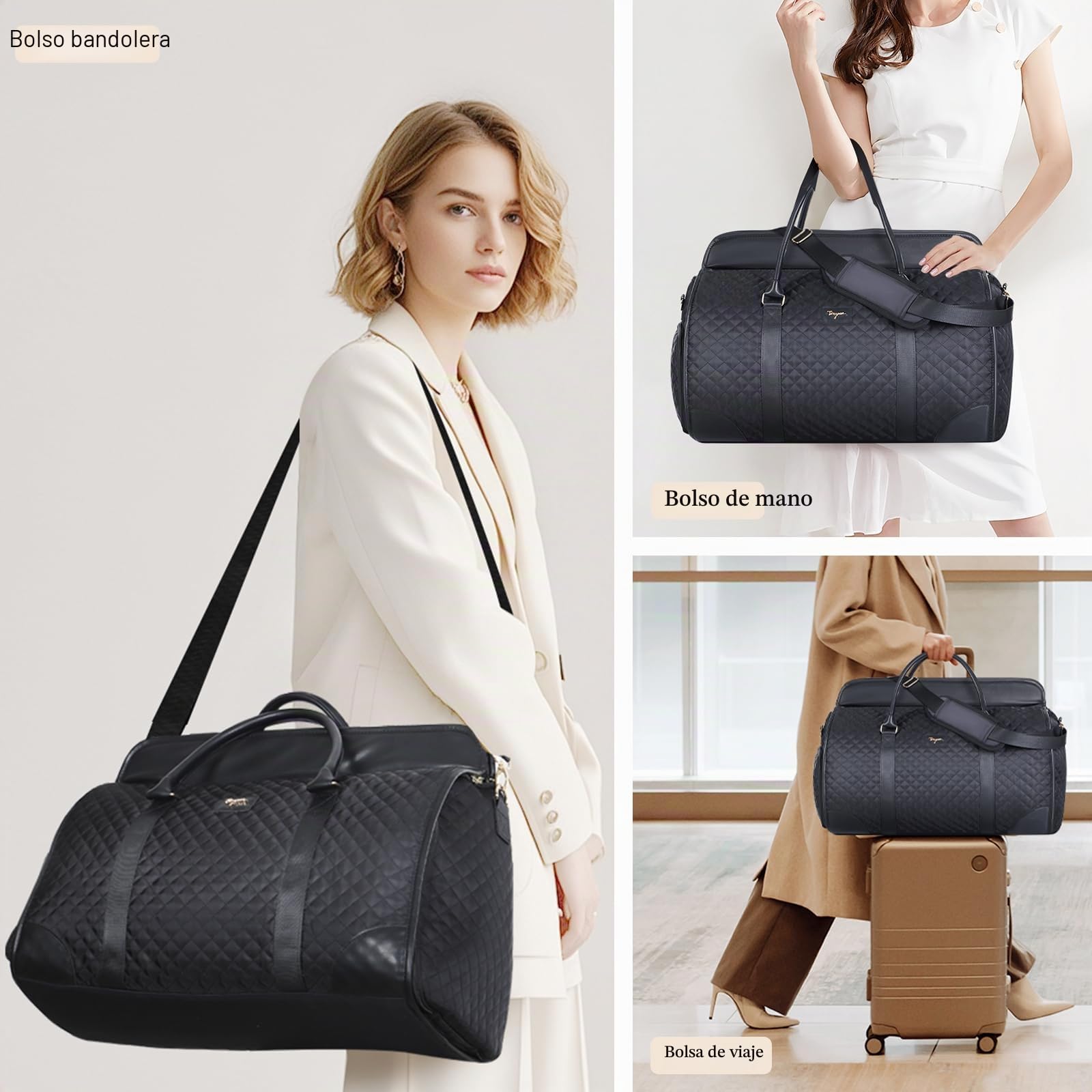 Bolsa de viaje 3 en 1 para mujer, bolsa de viaje convertible para fin de semana, con compartimento para zapatos y correa para el hombro, bolsa de viaje plegable impermeable de piel sintética
