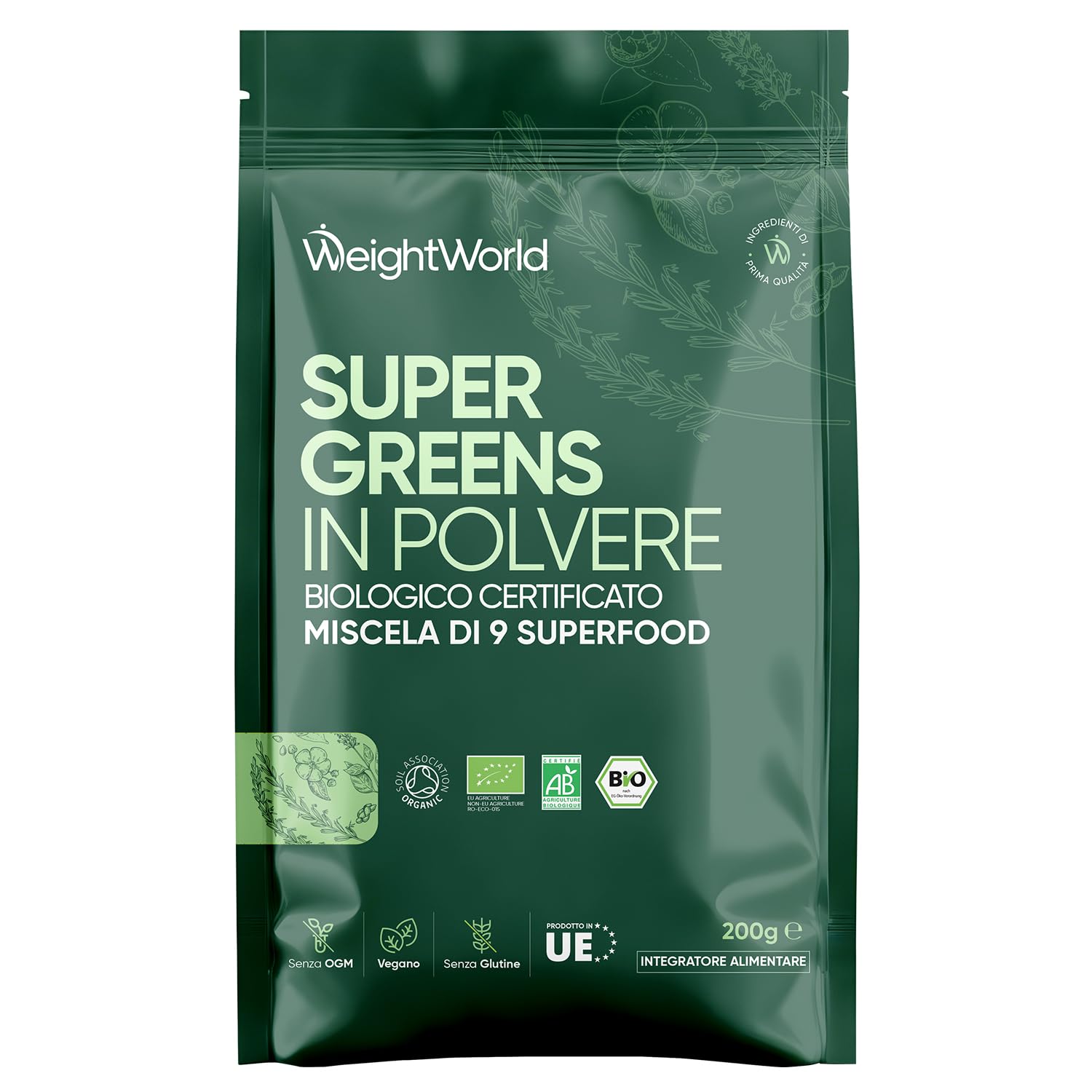 Super Greens in Polvere Bio Vegana (1+ Mese di Scorta), 9 Superfood, Maca, Semi di Lino, Baobab, Clorella, Erba di Grano, Erba d'Orzo, Acai, Matcha, Guarana, Mix di Superalimenti 200g, Senza Glutine
