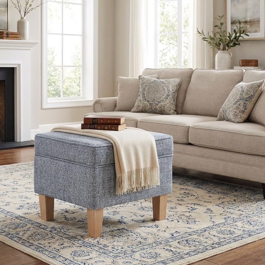 Image of HomePop 22 inch Medium Rectangular Storage Ottoman - Blue Gray Woven Fabric