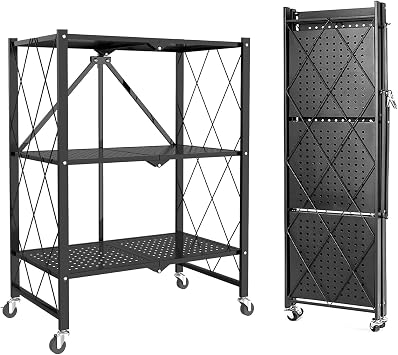 3-Tier Foldable Duty Storage Shelves with Wheels 13.4" D x 28" W x 34" H, Freestanding Shelving No Assembly Required, for Kitchen, Living Room, Garage