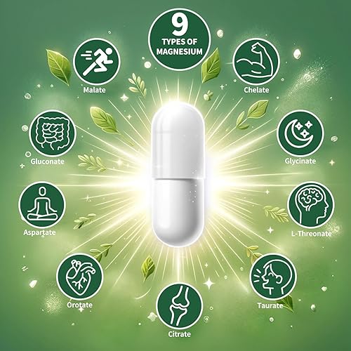 Miniatura 2 de Suplemento de magnesio con 9 formas de glicinato de magnesio de alta absorción, L-treonato, citrato, malato y más para músculo, soporte cerebral,