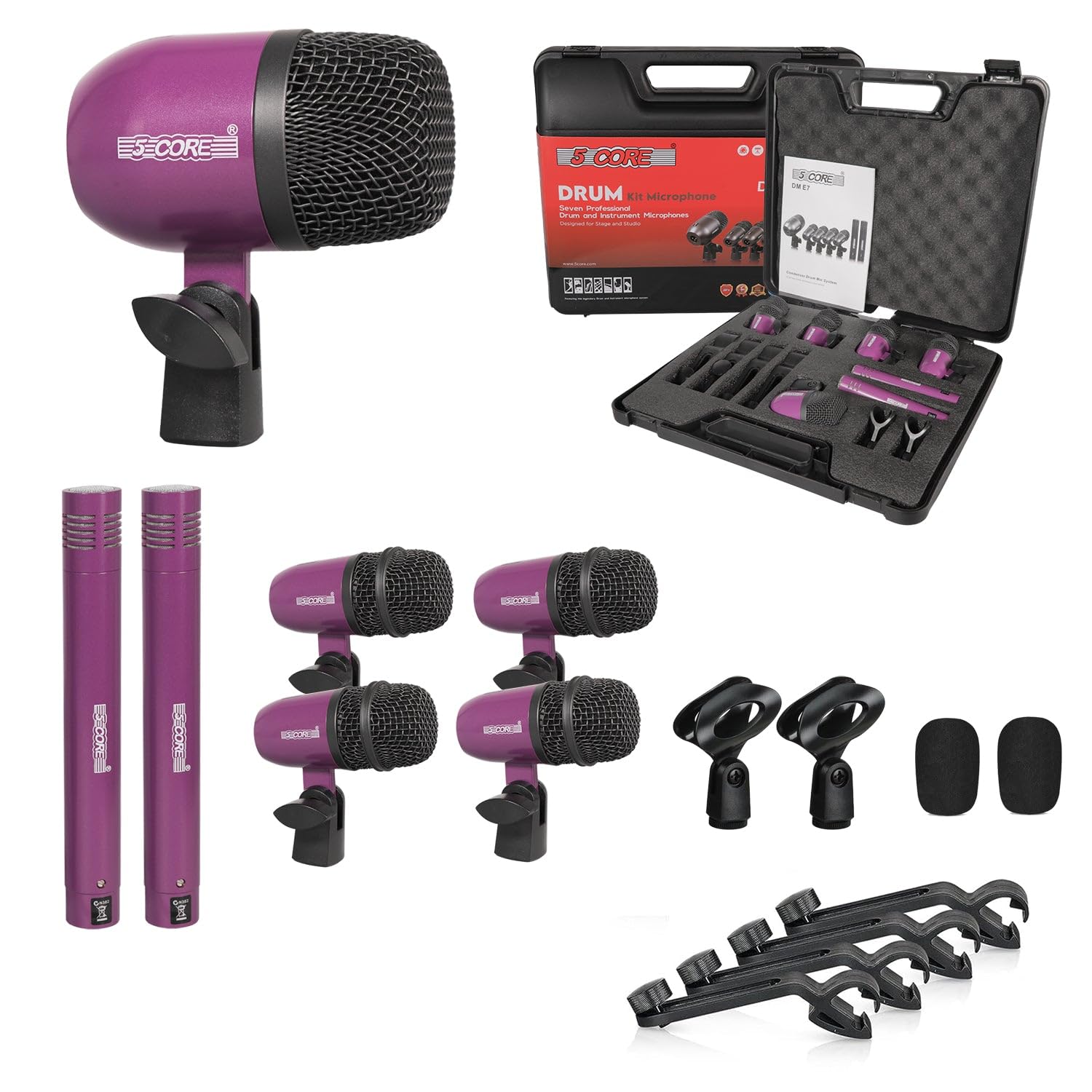 5 CORE Drum Mic Kit 7 Piece All Metal Drummer Microphone Set Purple