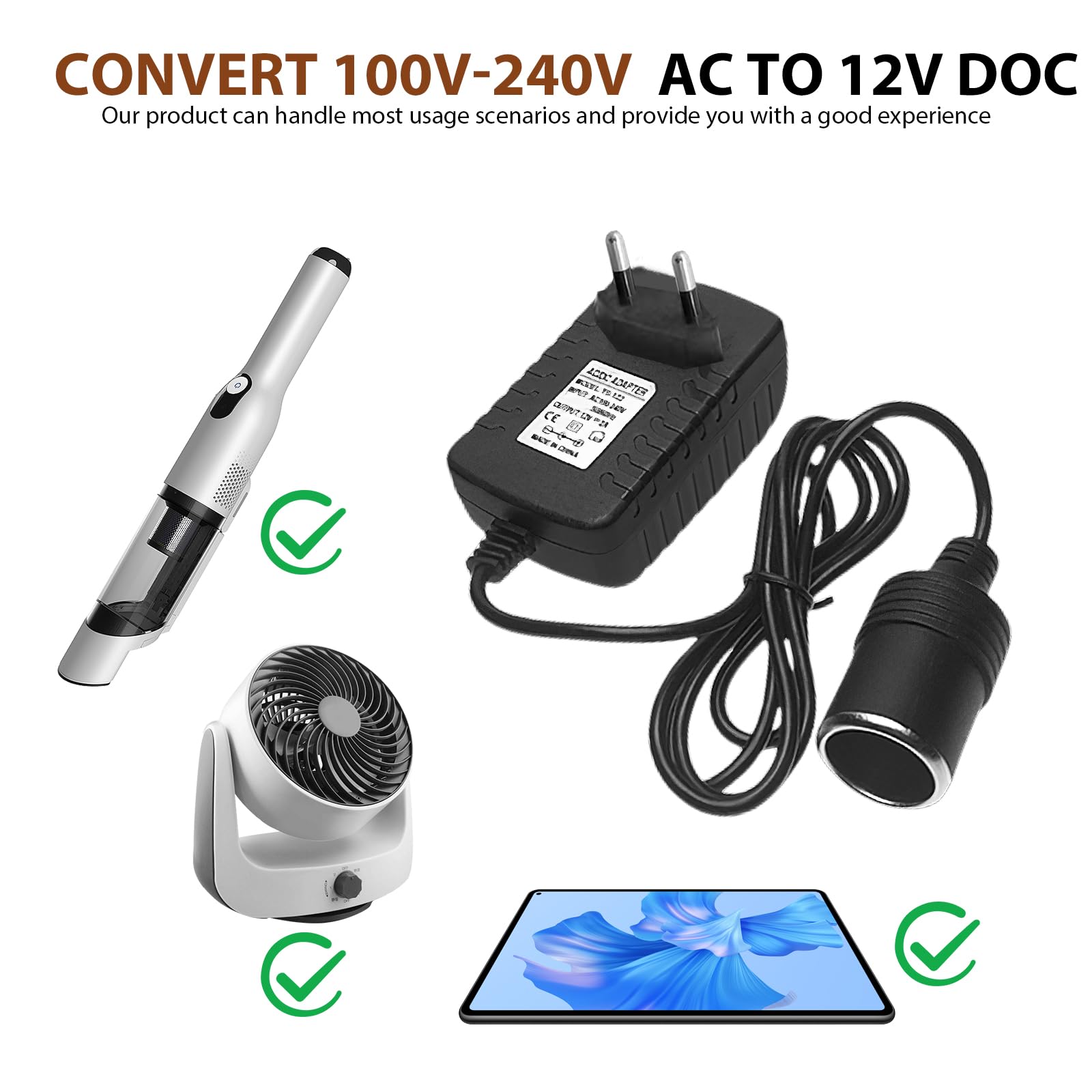 SPORWAY Adattatore di alimentazione: convertitore di tensione, 220 V a 12 V 3 A, adattatore AC DC, convertitore di corrente, accendisigari per presa domestica