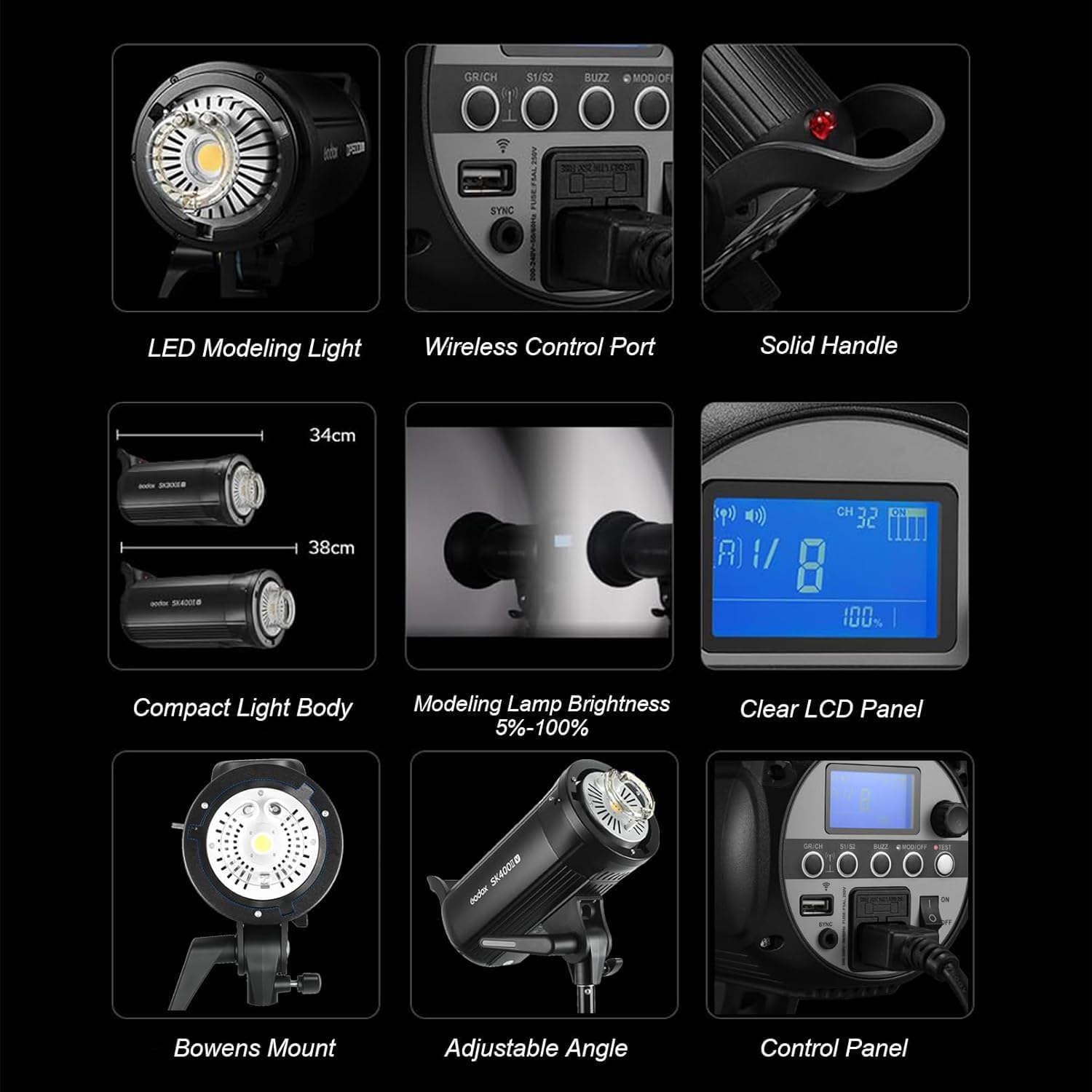 Godox SK400II-V SK400IIV Professional Upgrade LED Studio Flash, 400W 5600K 2.4G Wireless X System Bowens Mount Modelado Lámpara Studio Flash para Fotografía, Retrato y Fotografía de Estilo de Vida