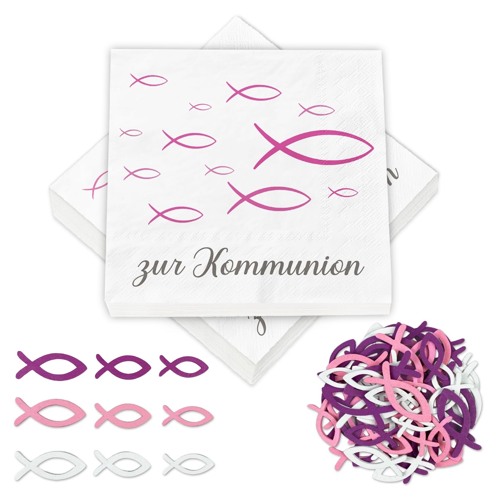 40 Stück Servietten Kommunion + 60 Holzfische Set, Kommunion Deko Mädchen Rosa Weiß, Streudeko Tischdeko, Erstkommunion Party Geschenke Gastgeschenke, 3 Farben Holz Fisch, Kommunionsgeschenke