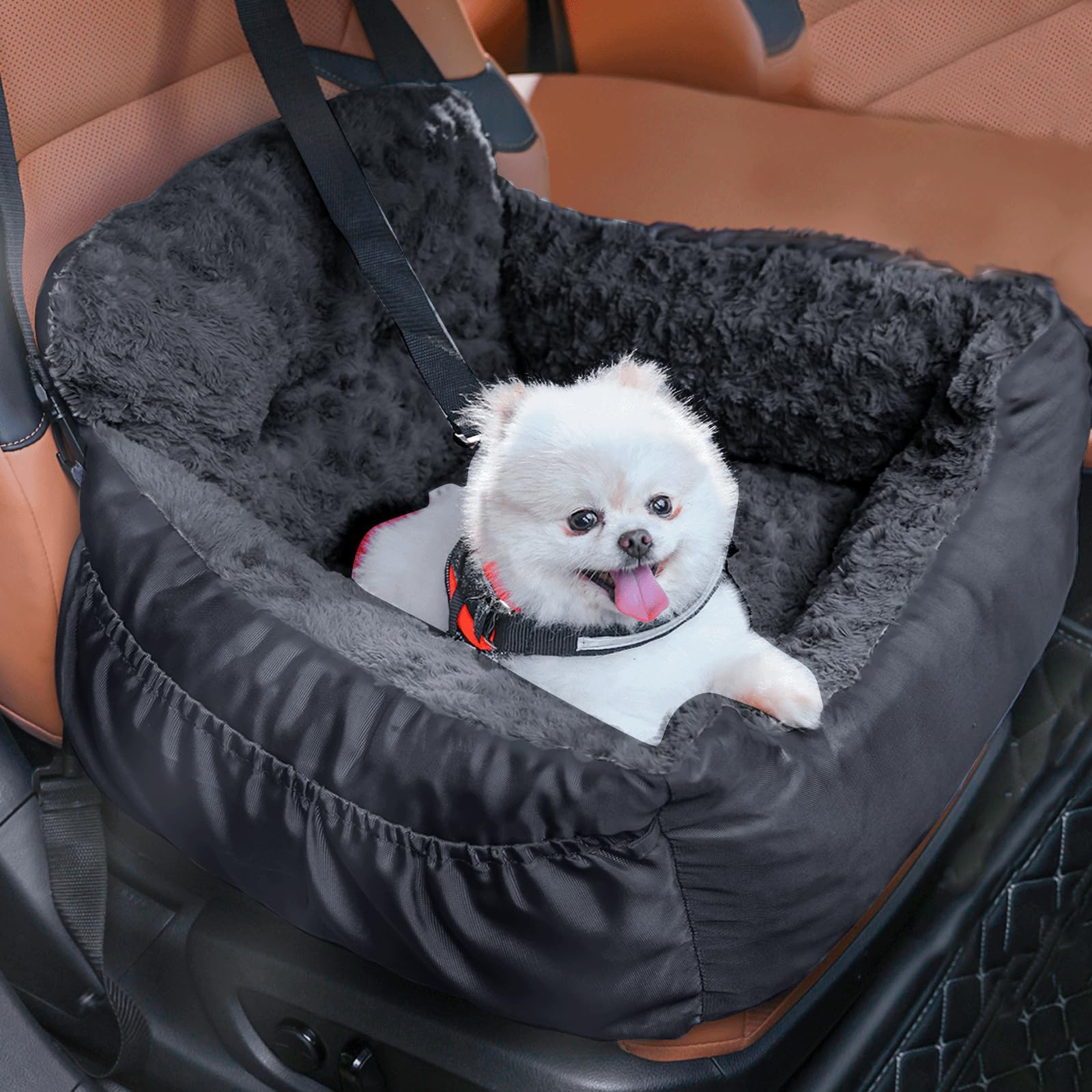 Oiilores Dog Car Seat for Small Dogs, Washable Pet Booster Seats with Clip-On Safety Leash, Comfy Deluxe Plush Carseat with Storage Pockets, Puppy Car Travel Carrier Bed for Dogs Under 25 lbs, Black
