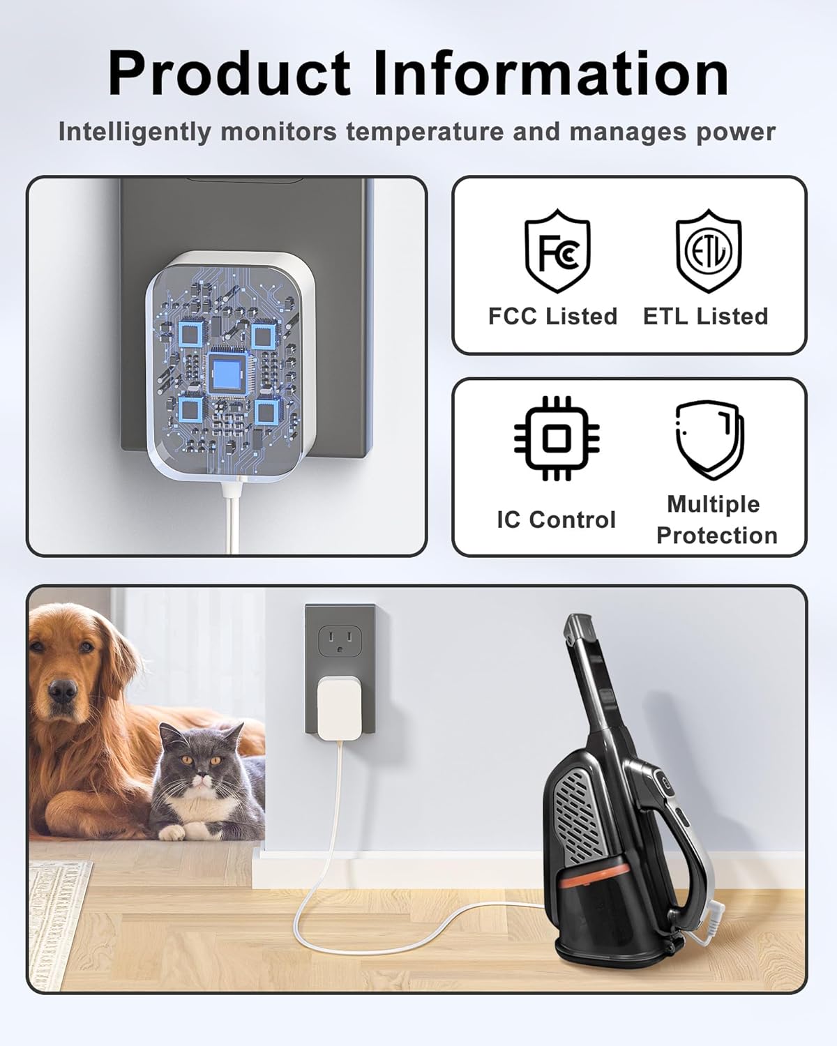 Illustration of the charger plugged into a wall outlet and connected to a Black and Decker handheld vacuum, with arrows indicating power flow.