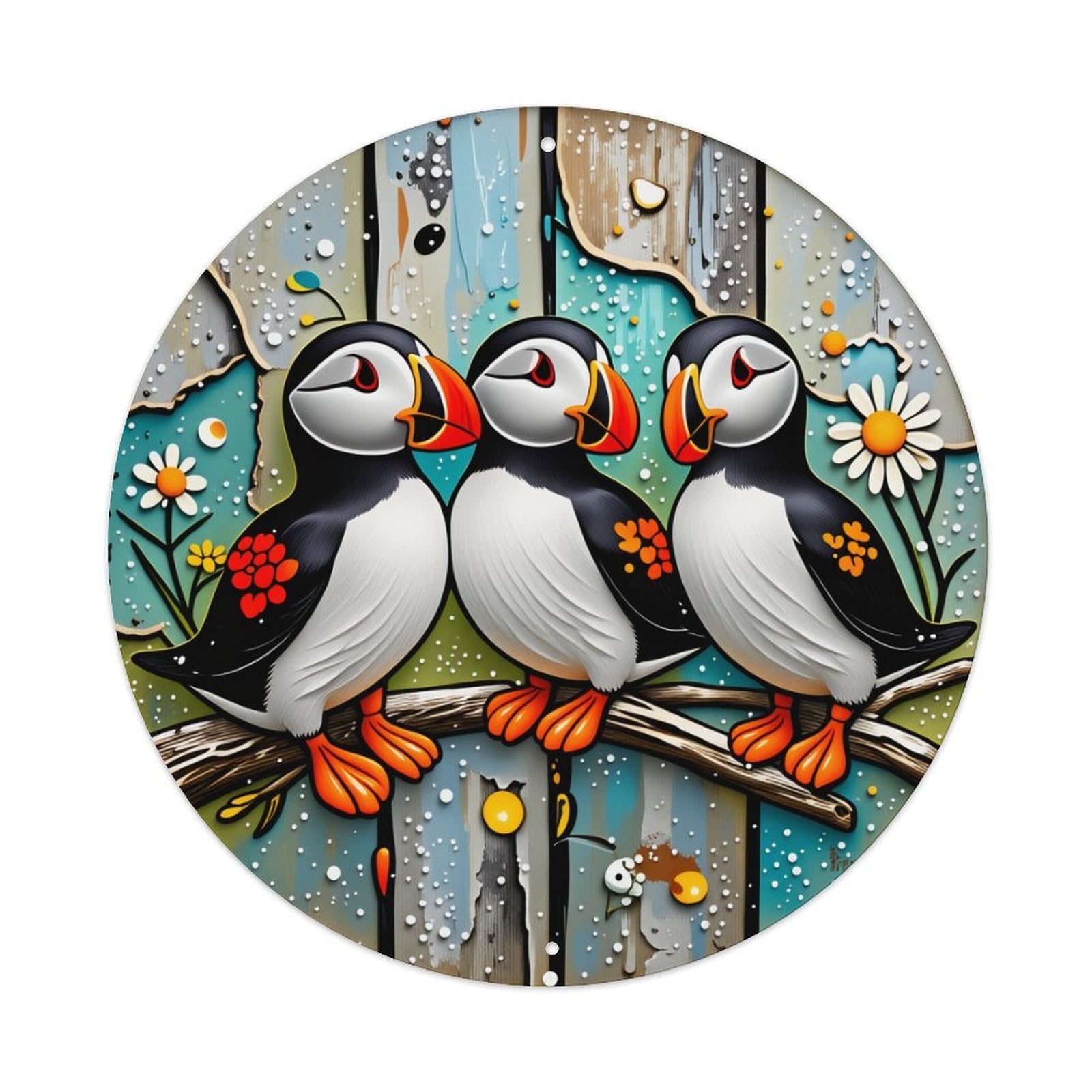 Puffins Perched On Branch With Flowers And Wood Background Round Vintage Tin Sign,Retro Wall Art,Metal Poster for Home, Bar, Garage, Cafe, Rustic Indoor & Outdoor Decor, 8x8 Inches
