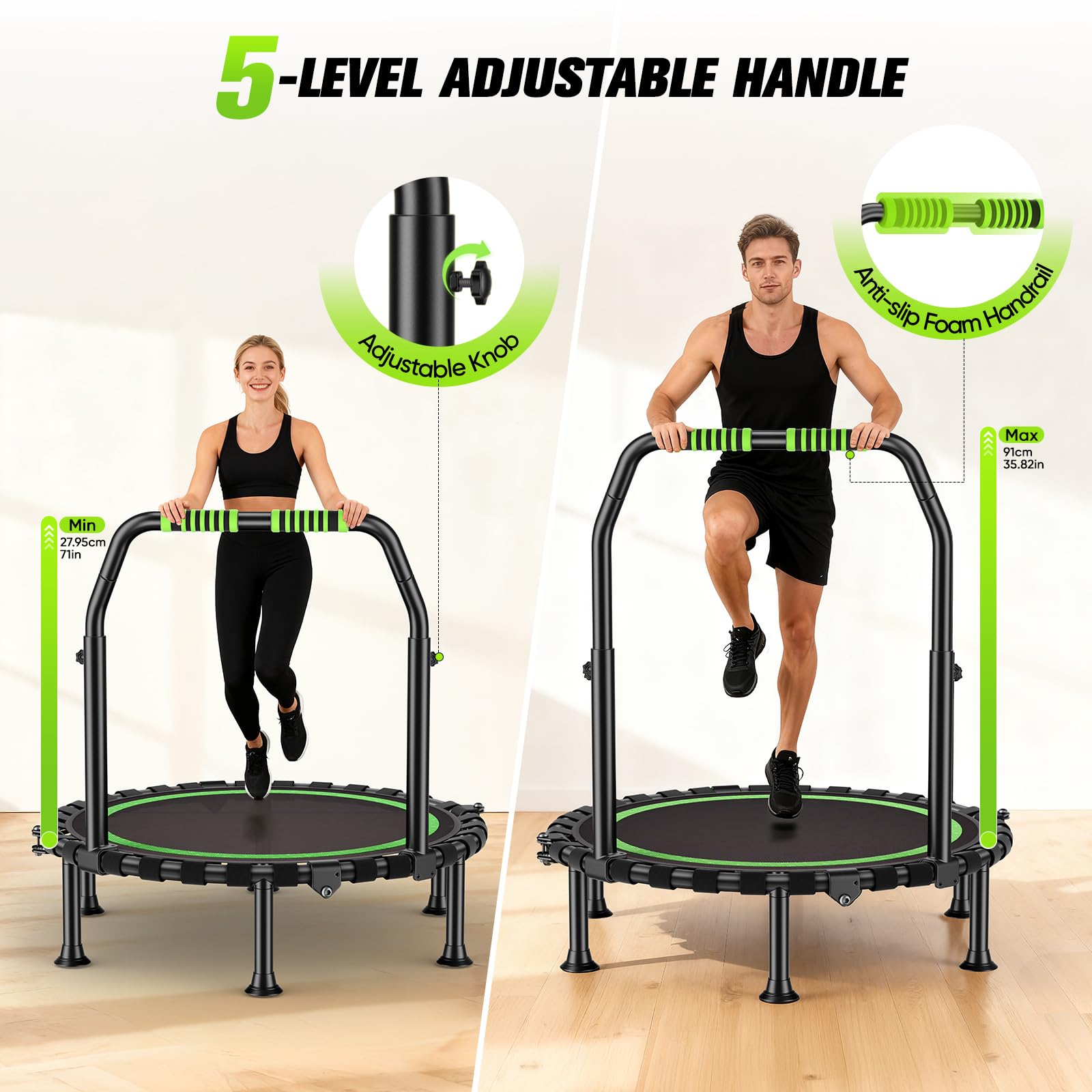 Trampolino pieghevole Ø 101 cm, per jumping fitness, portata 150 kg, altezza del corrimano regolabile, allenamento di resistenza, diversi gruppi di persone