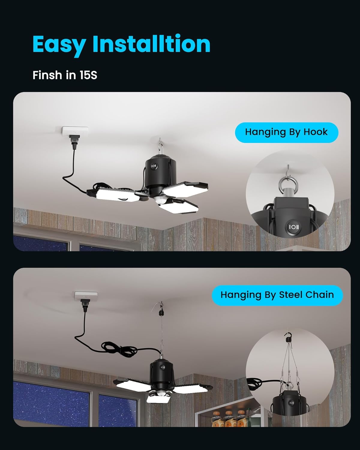 Plug-in Motion Sensor Garage Light 2 Pack, 8000LM Motion Activated Led Shop Light, 3 Modes Indoor Bulb for Basement/Workshop