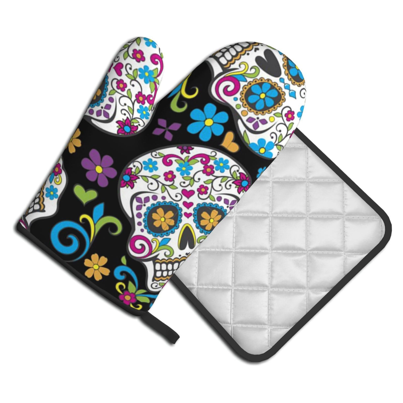 Oven Mitts and Pot Holders Set of 2 Pcs, Sugar skull with flowers Printed Heat Resistant Kitchen Gloves Potholders for Cooking Baking Grilling