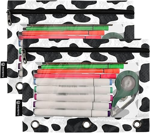 Miniatura 2 de Estuche para lápices de 3 anillos con cremallera transparente para ventana, estuche para lápices de color blanco y negro, bolsas para suministros de