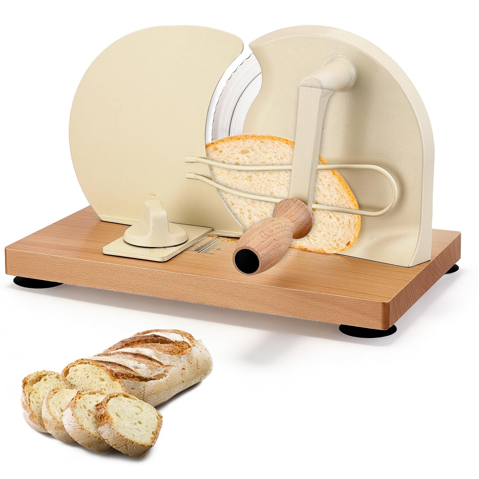 Brotschneidemaschine manuell mit Holzrahmen & Edelstahlklinge, Einstellbare Schnittstärke 0-2 cm, Ideal für Brot, Baguette & Brötchen, Hobel für gleichmäßige Scheiben