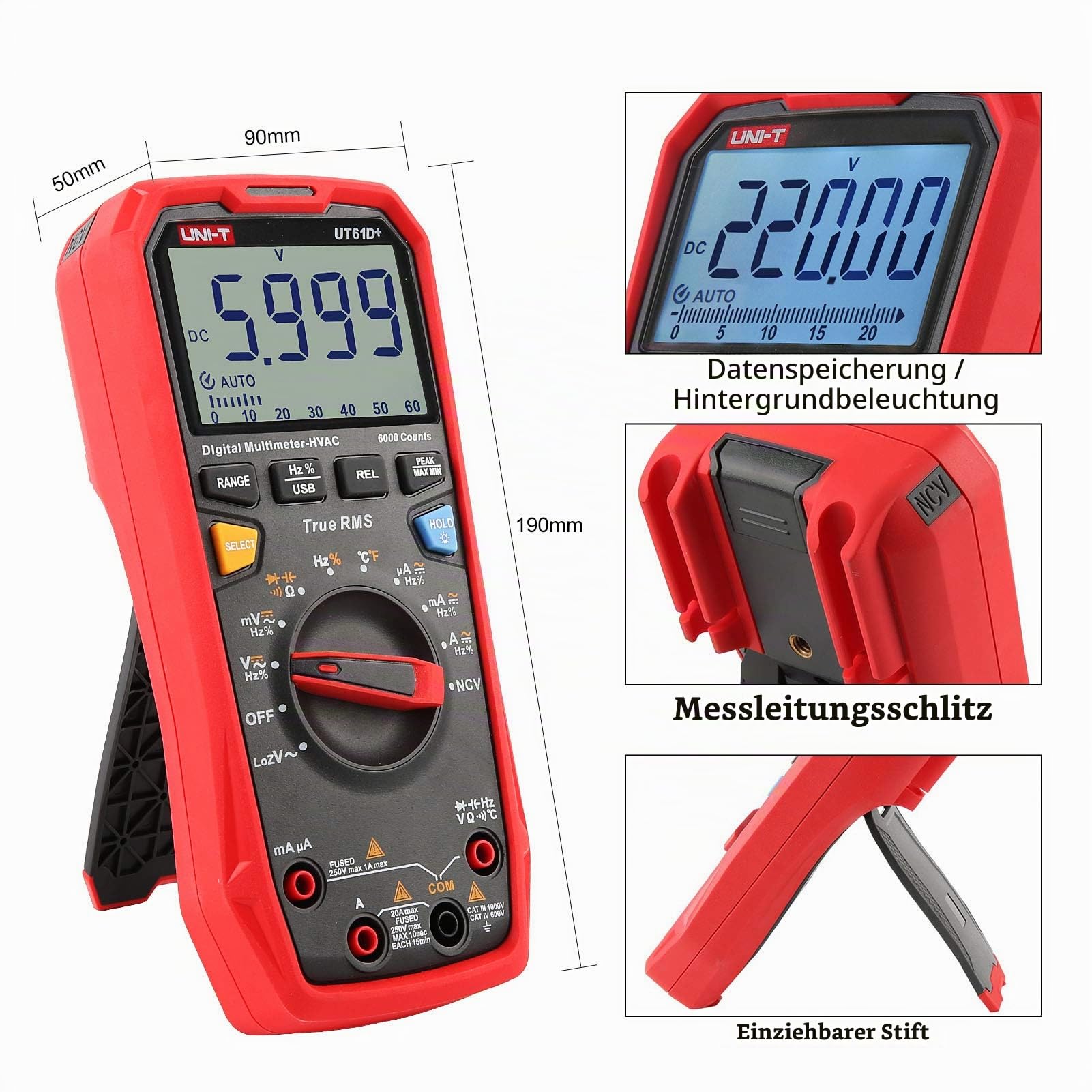 UNI-T UT61D+ 1000V 20A Digital Multimeter 6000 Zählungen Wahr RMS AC/DC Stromspannung Aktuell Widerstand Kapazität Prüfer