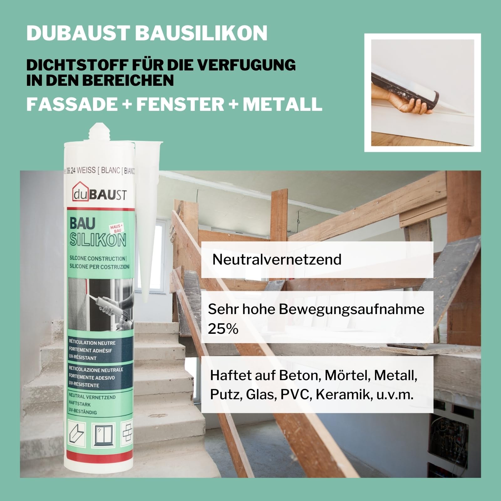 12x dubaust BAS24 Bausilikon Fenstersilikon Neutralsilikon Innen/Aussenbereich witterungsbeständig hochelastisch 310ml Kartusche (transparent)