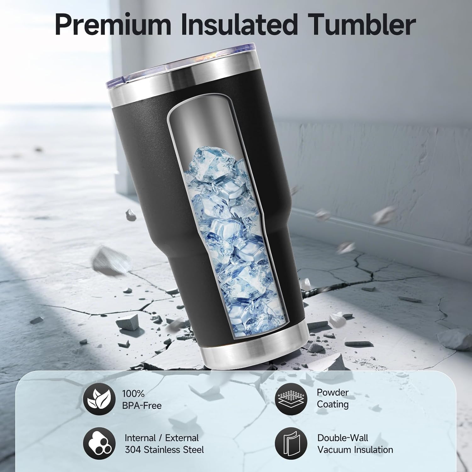 Volhoply 30oz Insulated Tumbler with Lid and Straw, Double Wall Inner & Outer 304 Stainless Steel Tumblers Bulk, Powder Coated Coffee Cup for Office, Home, Travel (Black,12 Pack)