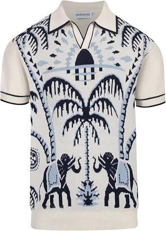 OXKNIT Mens Knit Polo Shirts Short Sleeve Shirt Casual Vintage Shirts with Coconut Tree Pattern