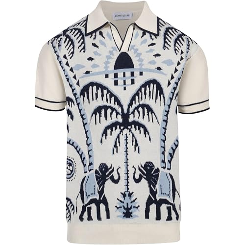 OXKNIT Mens Knit Polo Shirts Short Sleeve Shirt Casual Vintage Shirts with Coconut Tree Pattern