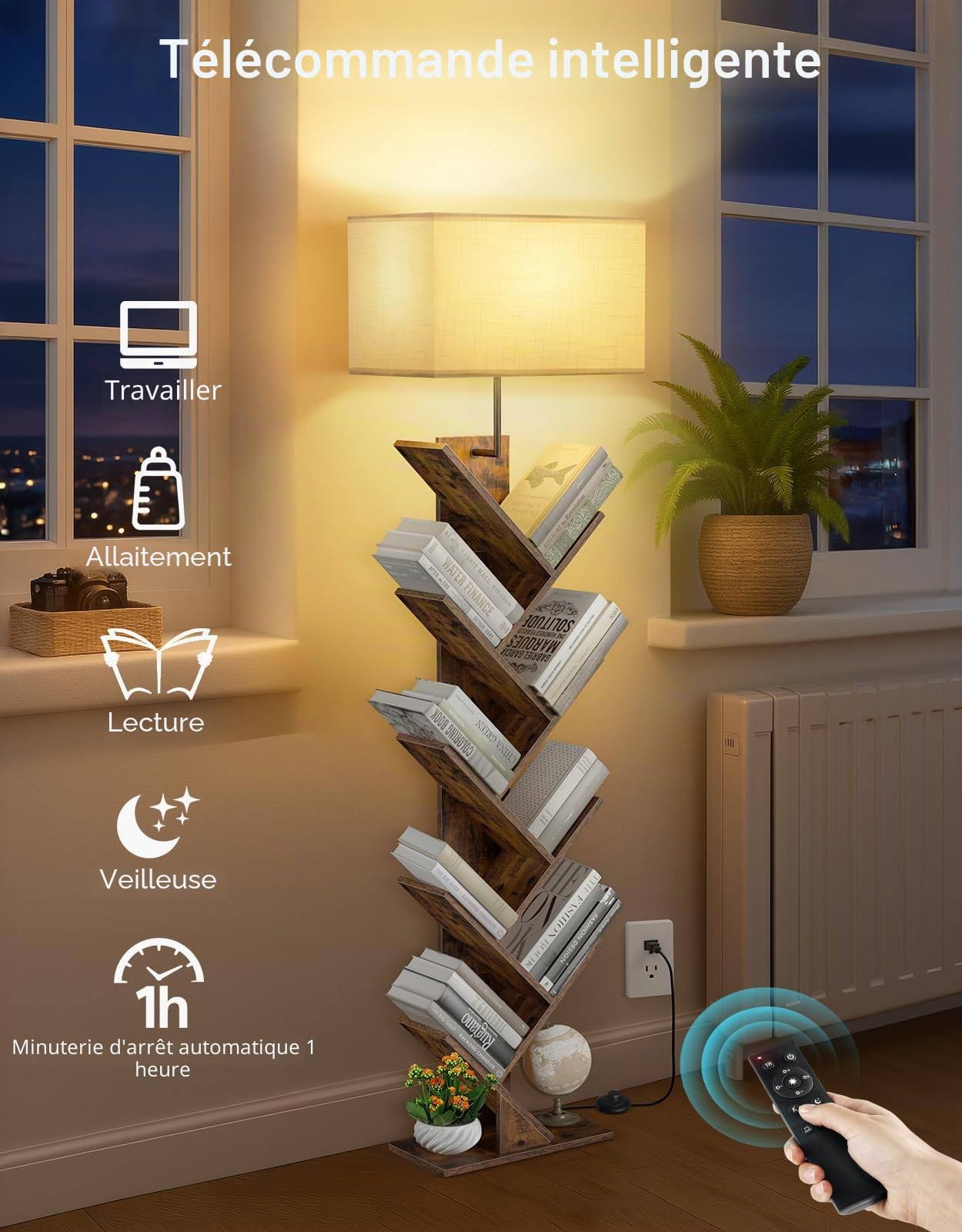 Bibliothèque Arbre en Bois 9 Niveaux avec Lumière, Étagère d’Angle avec Télécommande et Minuteur – Meuble Compact pour Livres, CD, DVD, Salon, Chambre, Bureau