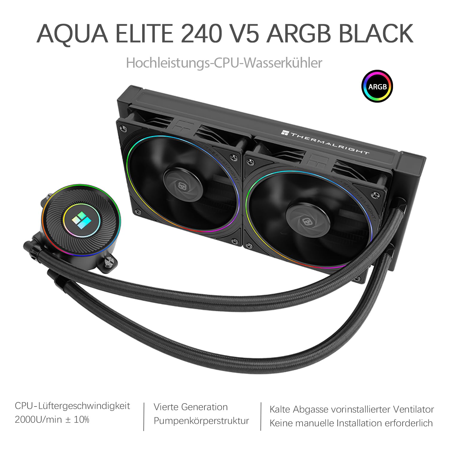 TR-Thermalright Aqua Elite 240 V5 ARGB Black Refroidisseur liquide pour processeur, refroidissement AIO, double ventilateur PWM, ARGB 2000 tr/min, pour AM4/AM5, Intel LGA1851/1700/115x/1200, noir