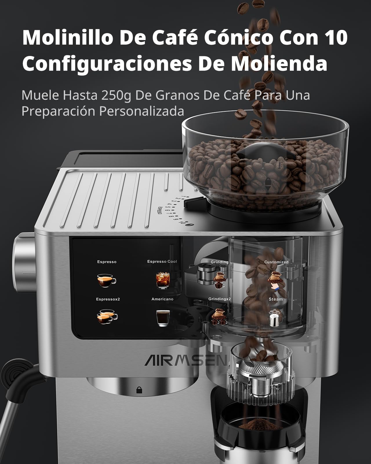 AIRMSEN 20 Bar Siebträgermaschine mit Kegelmahlwerk & Milchschäumer, 1.8L Wassertank, Edelstahl Espressomaschine Kaffeemaschine für Americano, Cappuccino und Latte