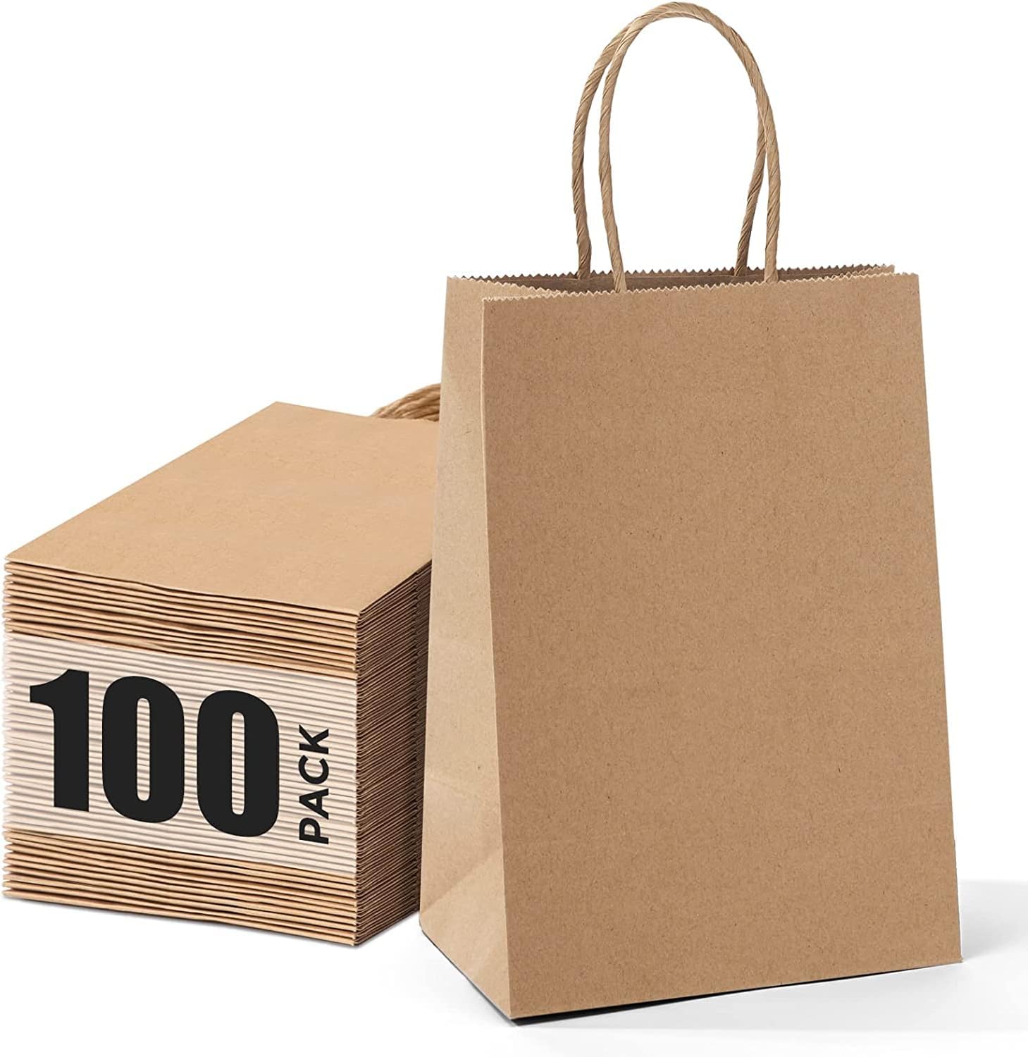 GIFTSAY 100pc Brown Paper Bags with Handles - 15x8x21cm Small Gift Bags for Wedding, Party Favors, Grocery, Retail & Birthday