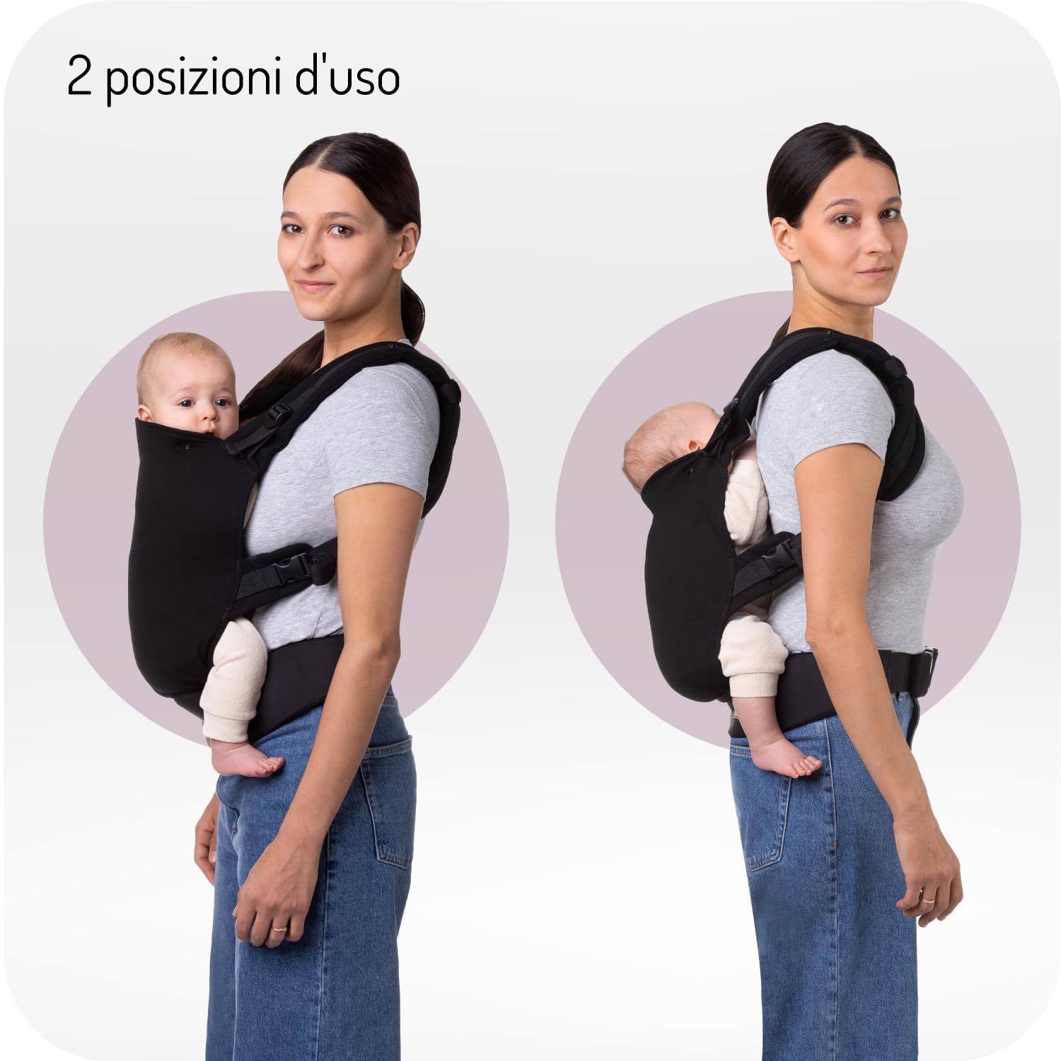 Marsupio MoMi COLLET per bambini di 3-48 mesi (peso 4-20 kg), 2 posizioni di sostegno con 6 punti di regolazione, con cappuccio e poggiatesta per il bambino