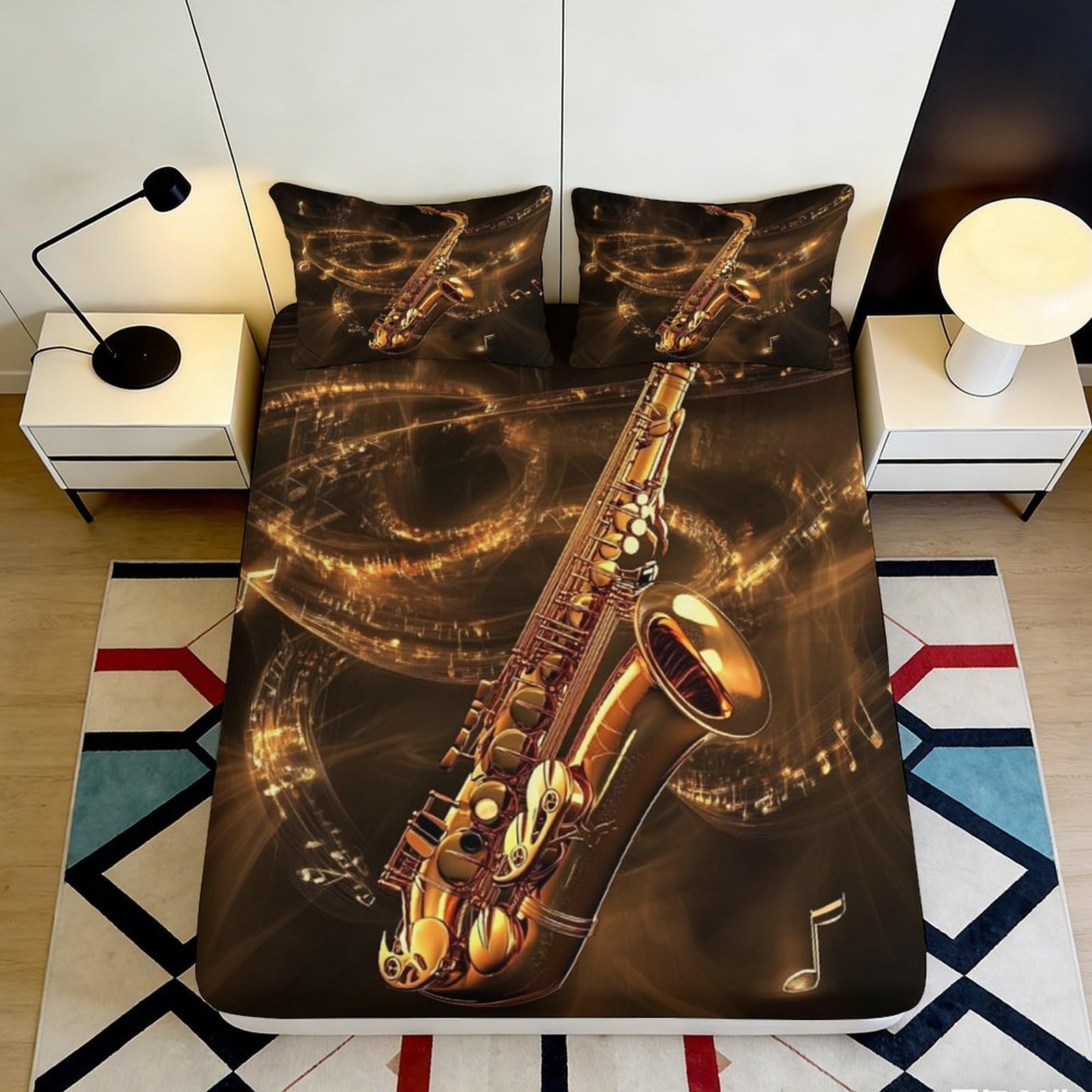 3D Printed Golden Saxophone Fitted Sheet Microfiber Soft Breathable Musical Notes Bed Cover for Bedroom Decor 160x200x25cm