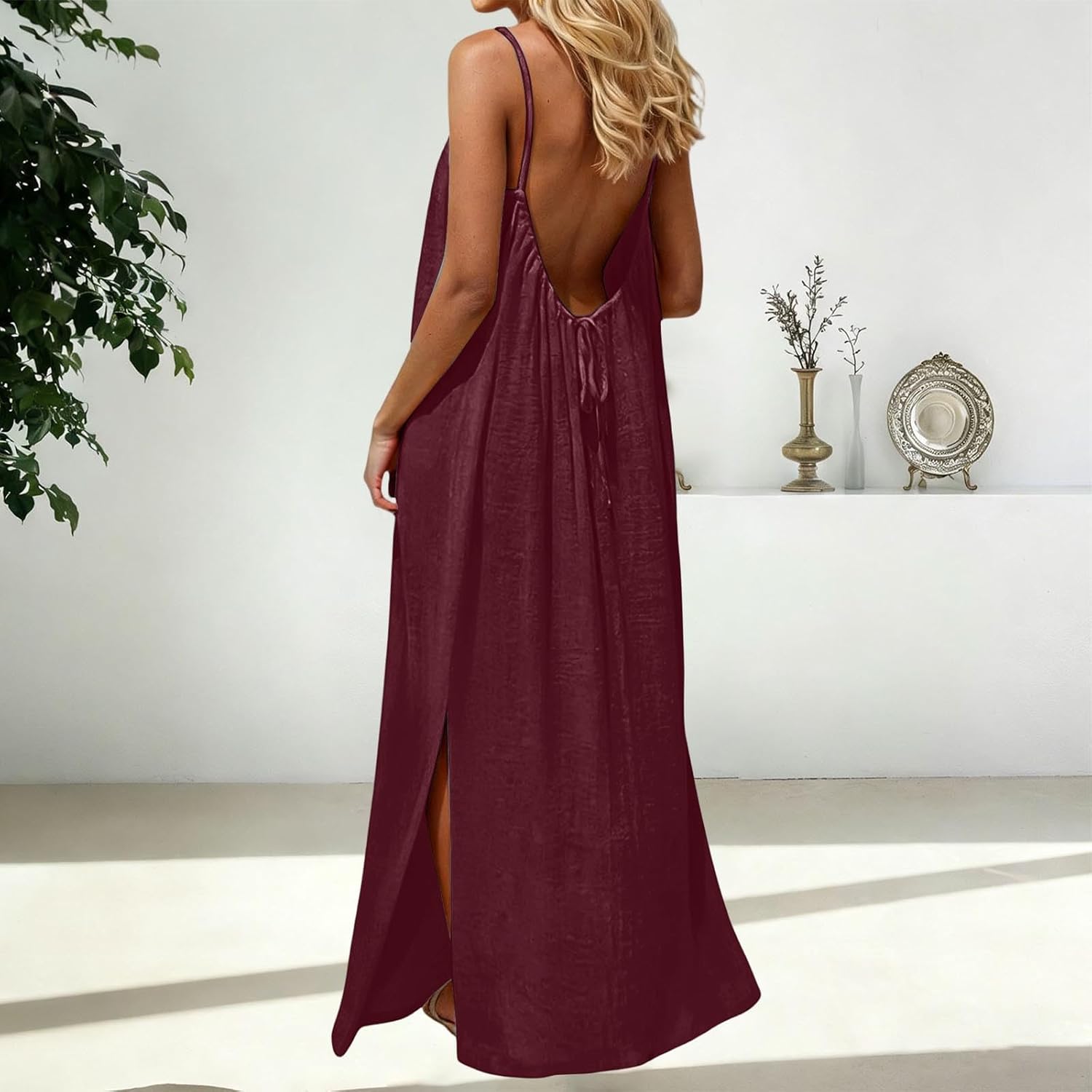 Cami Dresses for Women Sleeveless Cami Lounge Dress Backless Summer Split Dress Beach Maxi Sundresses with Back Tie - Image 2