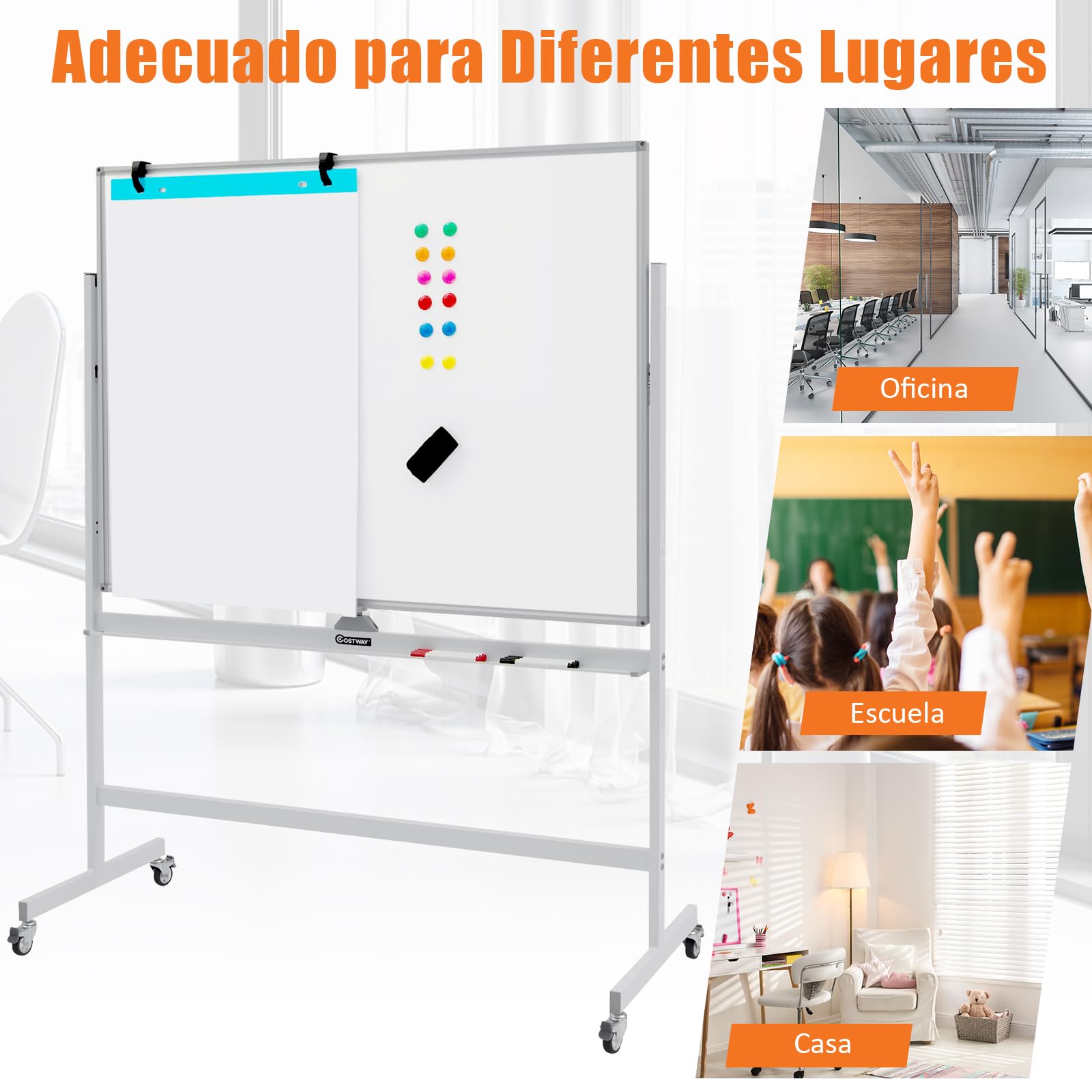GIANTEX Pizarra Blanca Móvil con Altura Ajustable de 2 Niveles, 120 x 90 cm, Pizarra Magnética de Doble Cara con 4 Ruedas Giratorias de 360 °, para Aula, Oficina (Blanco)