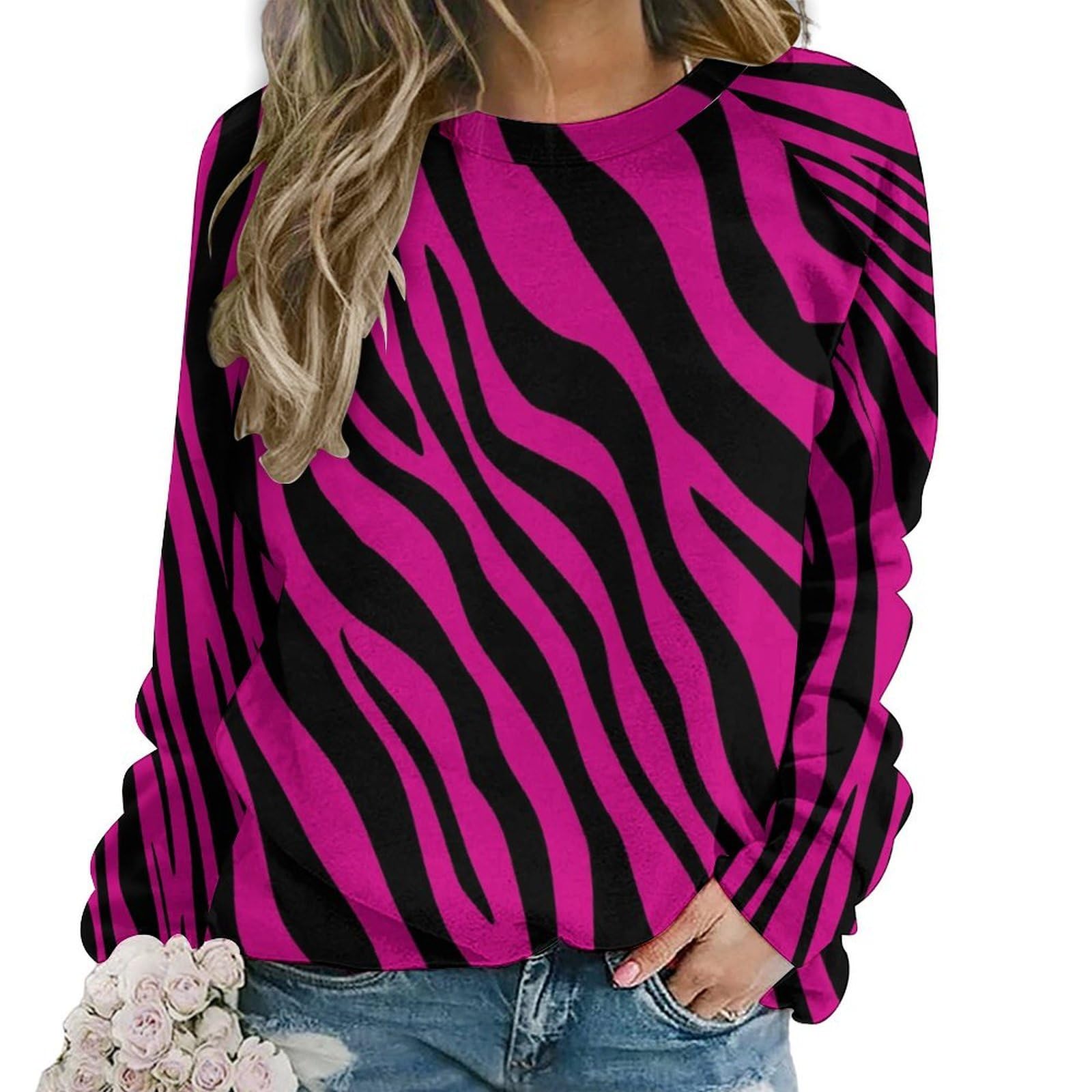 peiyeety Pink Zebra Stripes Women's Crewneck Sweatshirts Retro Elegance Casual Pullover Raglan Sweater Tops Sweatshirts, Dark Pink