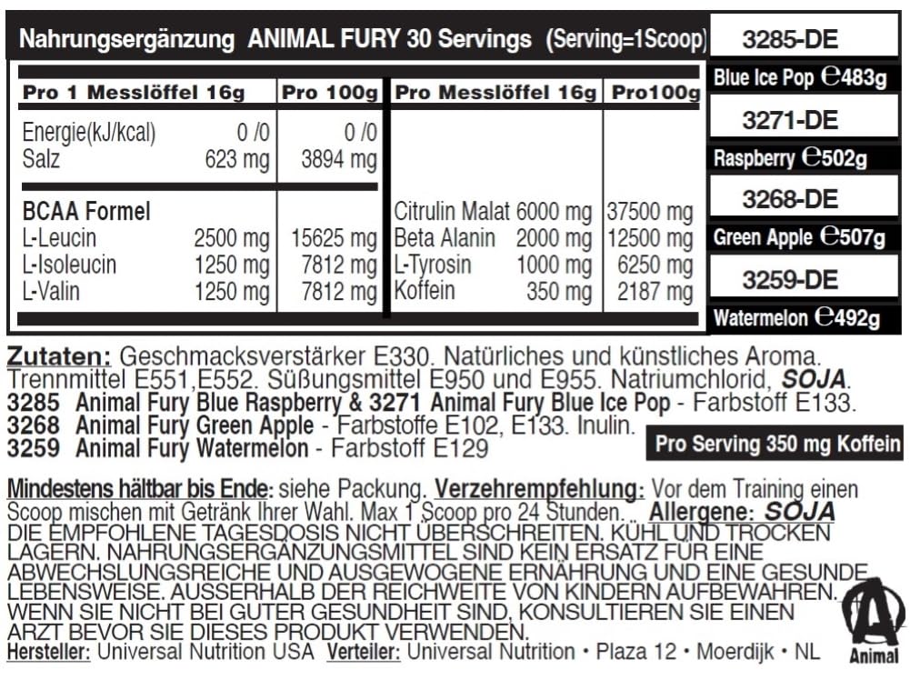 ANIMAL Fury Pre Workout Watermelon – Trainingsbooster mit BCAA, Beta-Alanin, Citrullin & 350 mg Koffein – Zuckerfreies Pre Workout Pulver – Für Fokus, Pump & Energie – 30 Portionen
