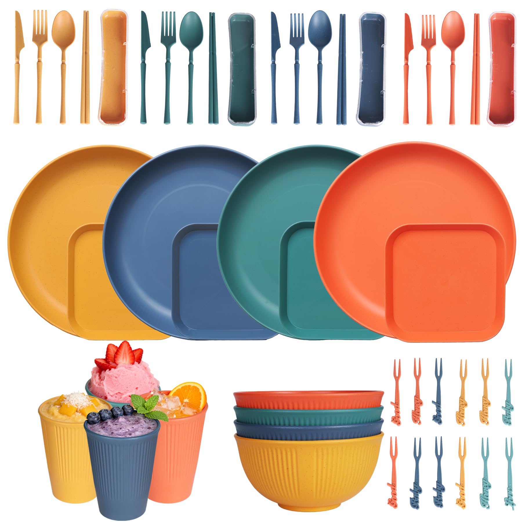 48pcs Unbreakable Dinnerware Sets - Reusable Camping Picnic Dinner Set,Lightweight Portable Plastic Plates and Bowls Sets for 4 People - Colorful Plates,Bowls,Cups,Forks,Cutlery Tableware Set