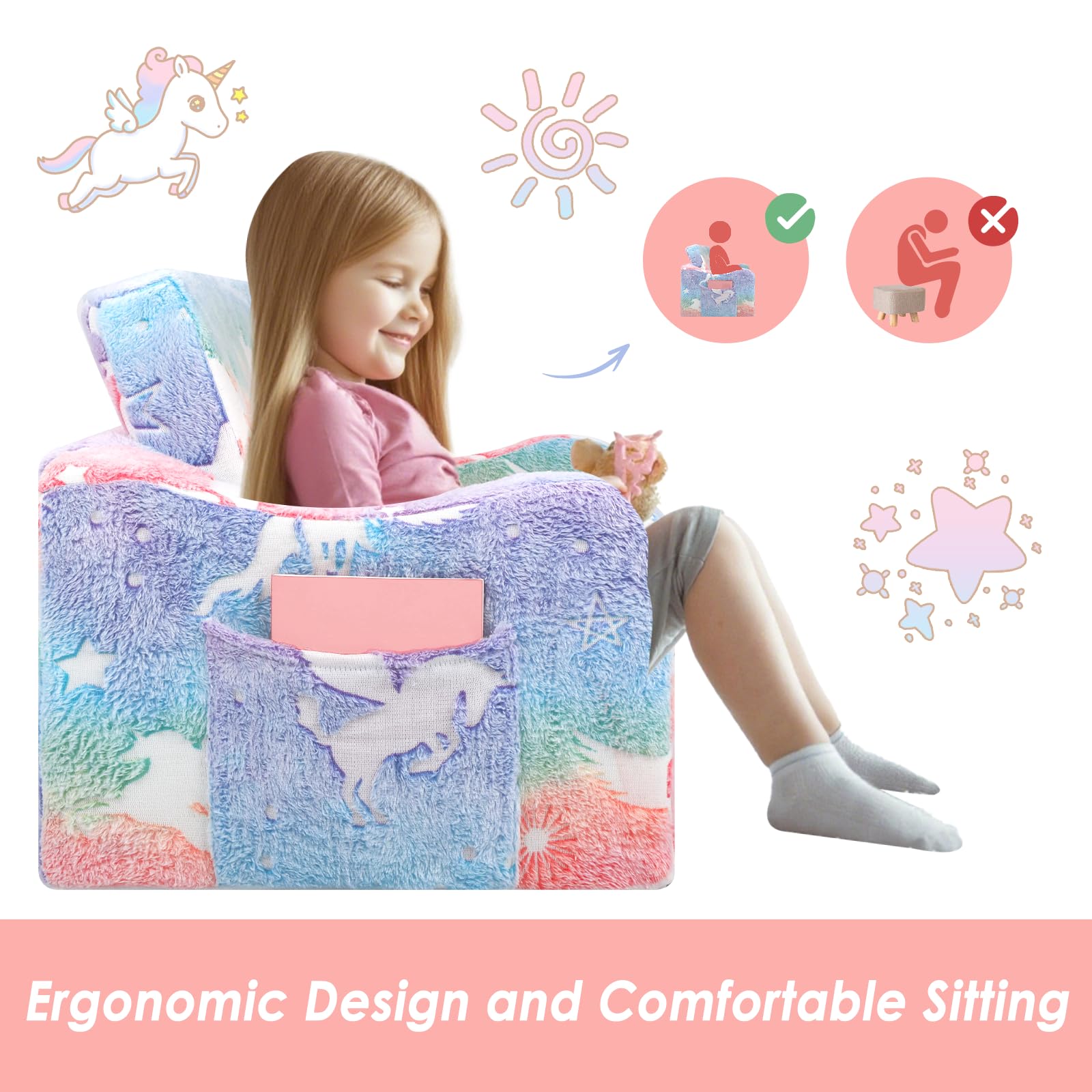 Einhorn Kindercouch ausklappbar 2-in-1, Extra Groß Kindersofa Das im Dunkeln leuchtet mit Schlaffunktion,Kindersessel für Kinder Kinderzimmer Spielzimmer