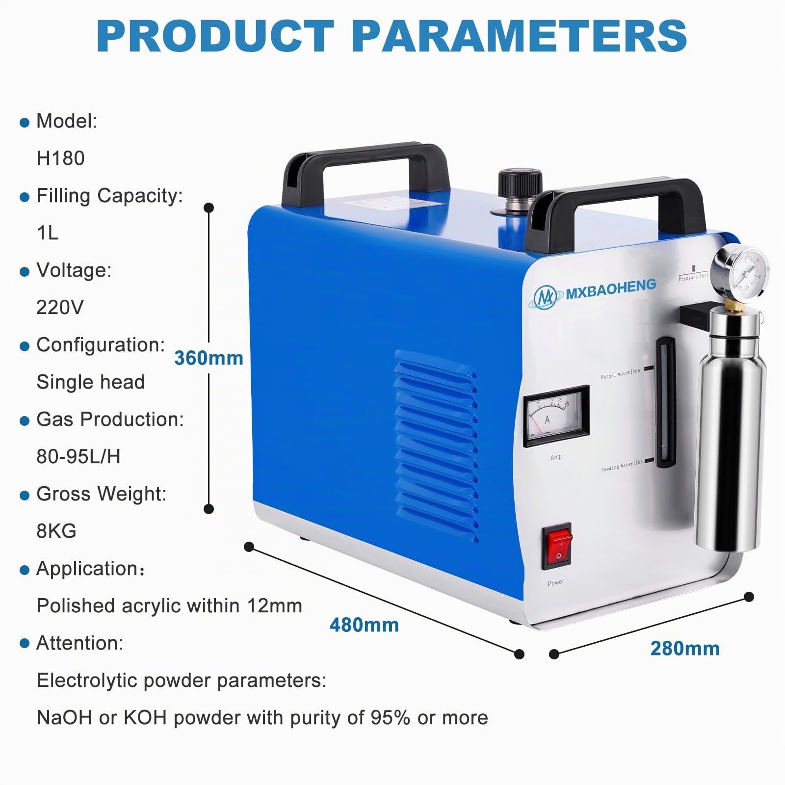 MXBAOHENG H180 Pulidora acrílica de 95L Portable Oxígeno Hidrógeno Soldador de agua Generador de pulidora de llama Máquina pulidora 220V