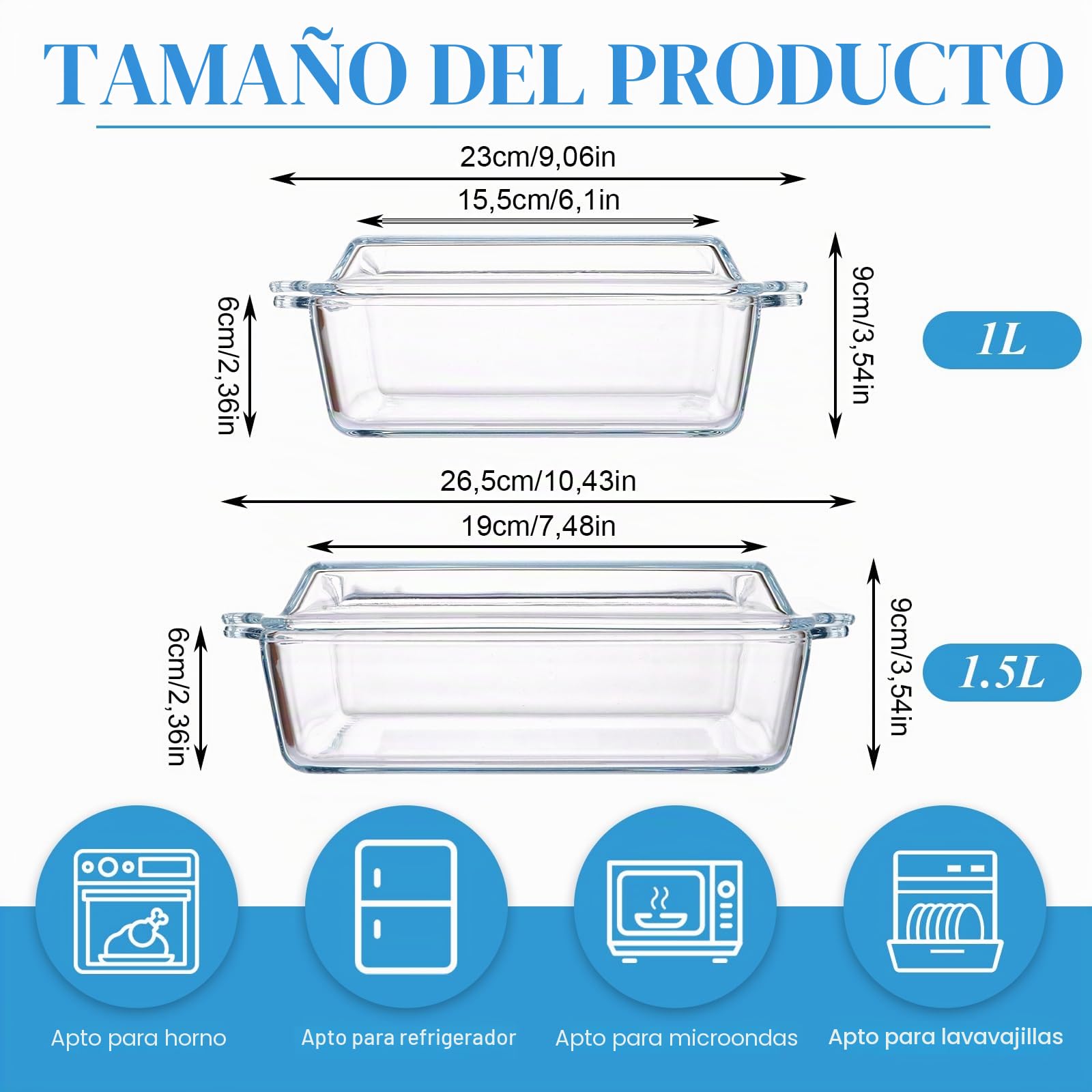 YAYODS 2 fuentes de cristal con tapa – 1000/1500 ml – Juego de cazuelas rectangulares – Utensilios microondas Lasaña de cristal – Molde para horno de cristal con asas – Cuenco de cristal para ensalada