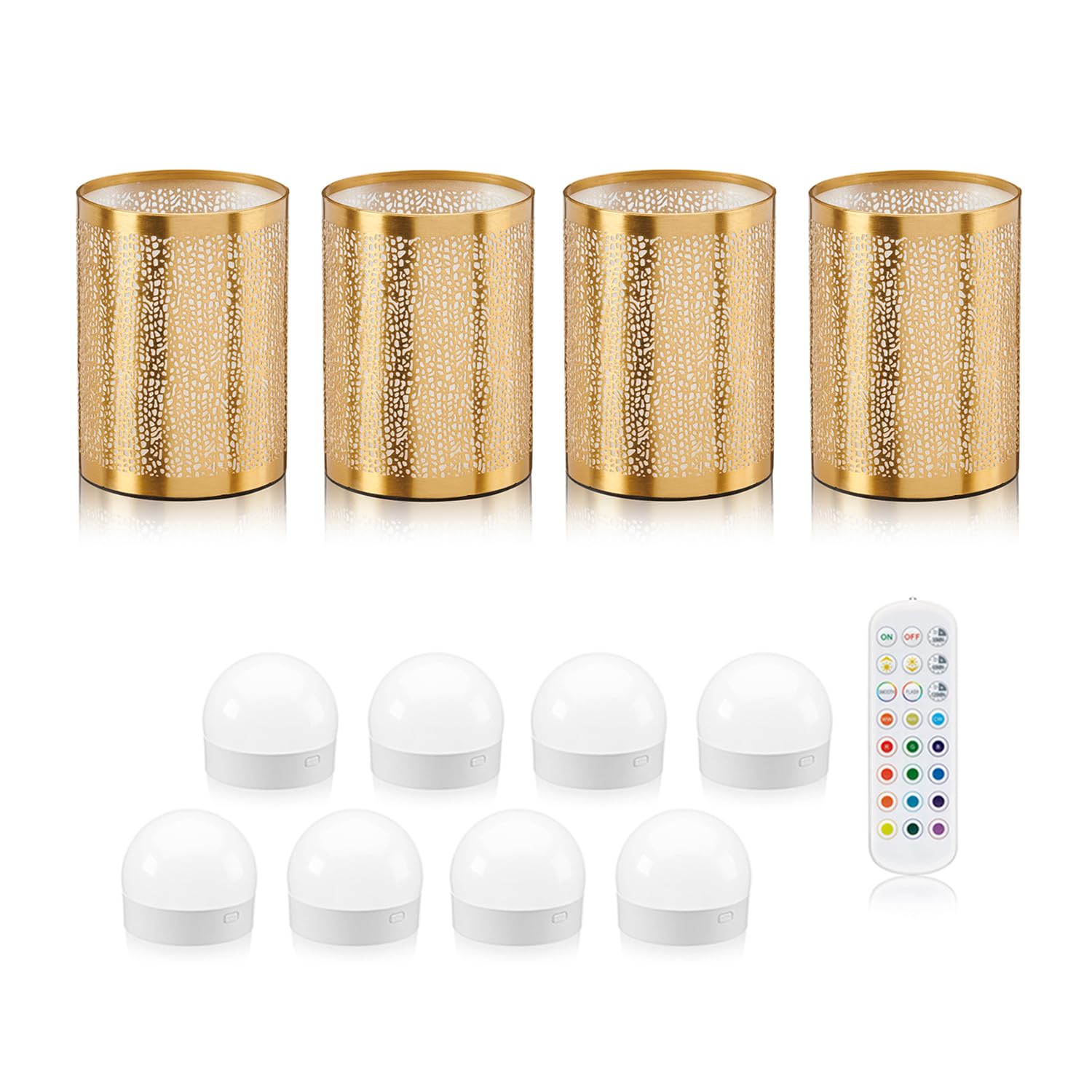 Auraglow Rechargeable Wireless LED Table Lamp with Remote – Battery-Powered, Dimmable, Colour-Changing, Cordless for Restaurants, Bars & Homes (Brass, 4 Lamps, 8 Light Sources, 1 Remote) — image 1