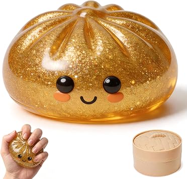 Glitter Dumpling Squishy, Dumpling Mystery Box, Colorful Dumplings Stress Balls Toy, Stocking Stuffers with Food Steamer Stretchy Desk Toys Gold