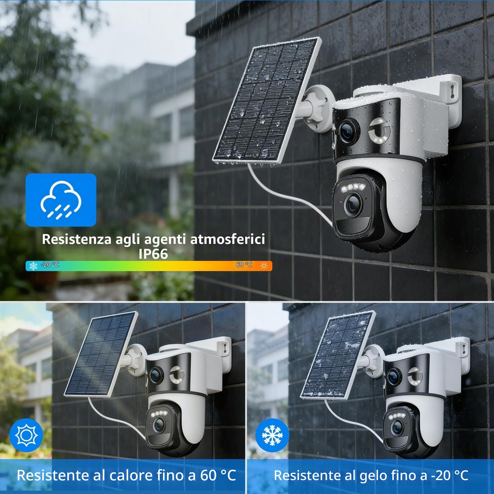 4K Telecamera Wi-Fi Esterno Senza Fili con Pannello Solare,Doppio Obiettivo Videocamera Sorveglianza WiFi,Rilevamento Umano PIR,Visione Notturna a Colori,Audio Bidirezionale,2 Pack