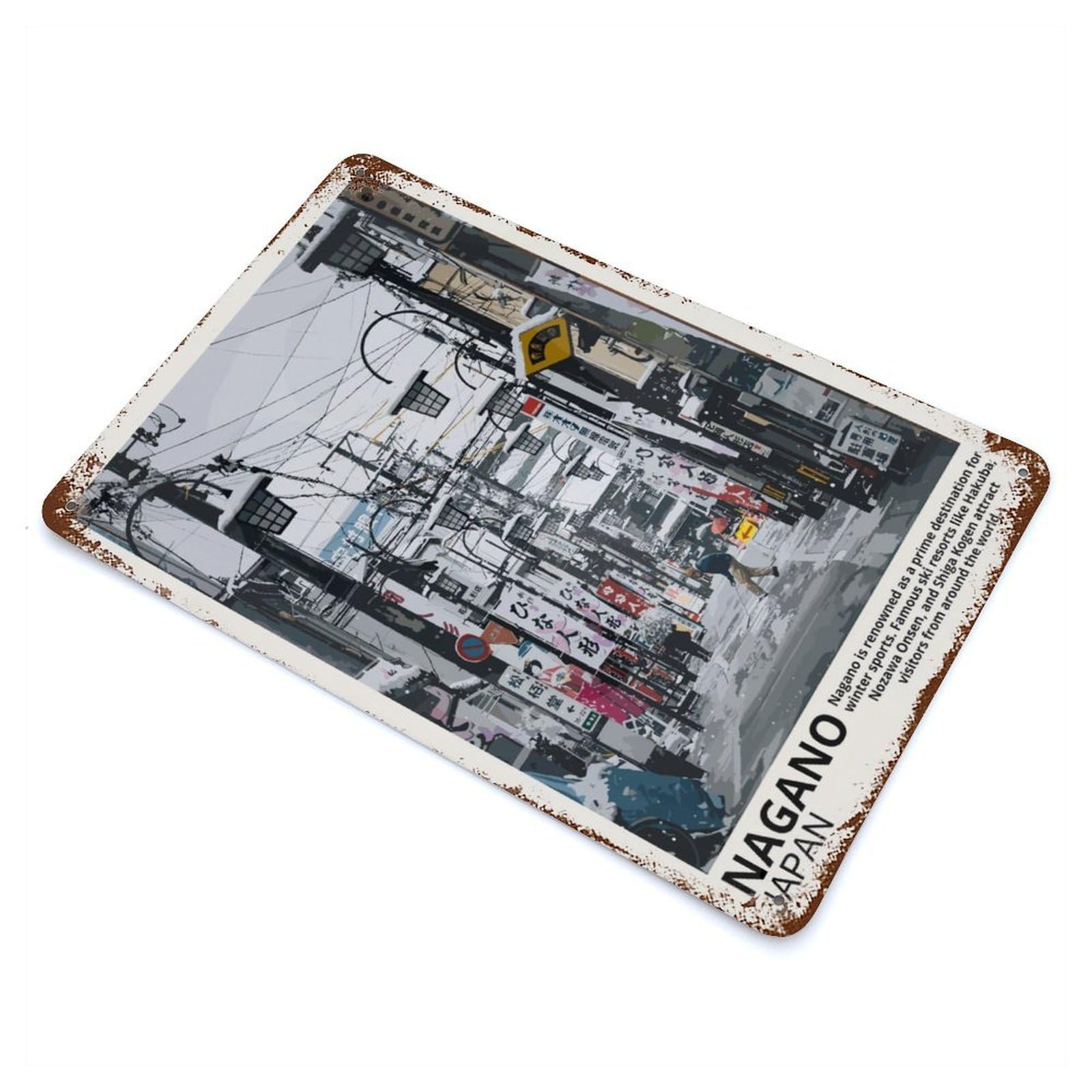 Weathered Tin Sign with Nagano Japan Design 11.8"x7.9", for Garage, Bar And Workshop Decor, Decorative Metal Wall Art
