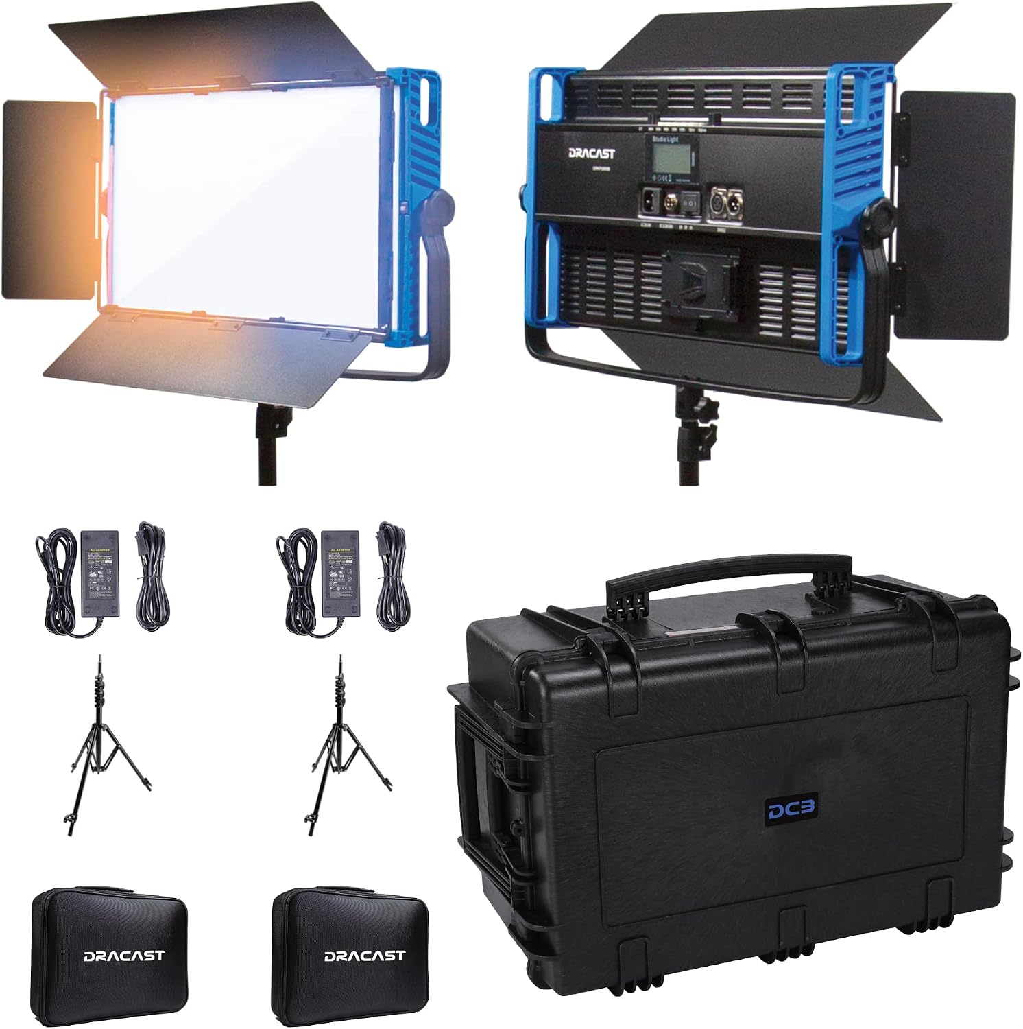 Dracast Kala Plus Series Bicolor LED2000 Kit with Injection Molded Travel Case - 2 Pack Includes Panel Lights, Stands, Barndoors, Diffusion | App Control | Travel Case | App Control | Dimmable 0-100%